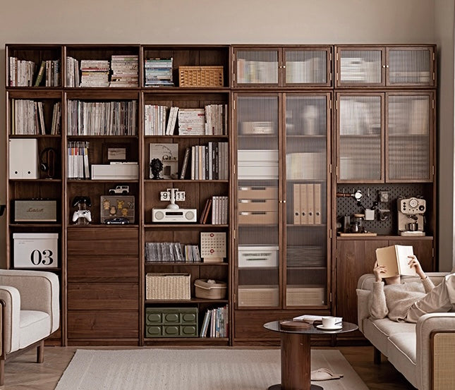 Black Walnut Solid Wood flat glass Double-door bookcase