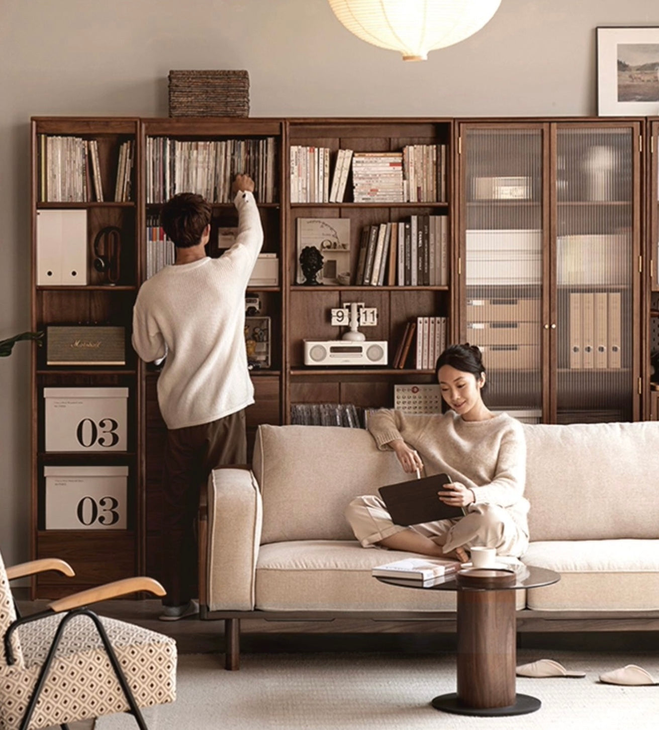 Black Walnut Solid Wood Bookcase Display Glass Door Storage Cabinet