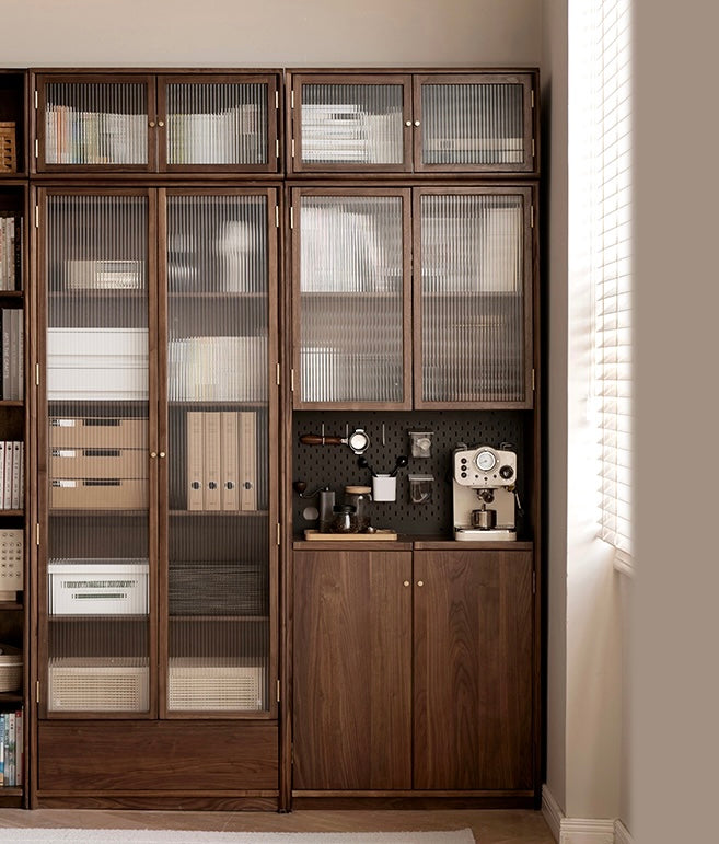Black Walnut Solid Wood Bookcase Display Glass Door Storage Cabinet