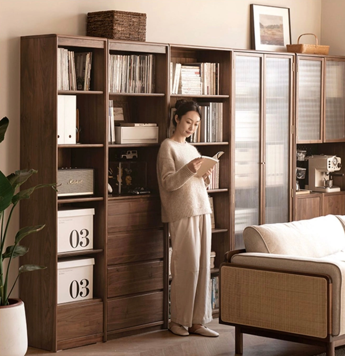 Black Walnut Solid Wood Bookcase Display Glass Door Storage Cabinet