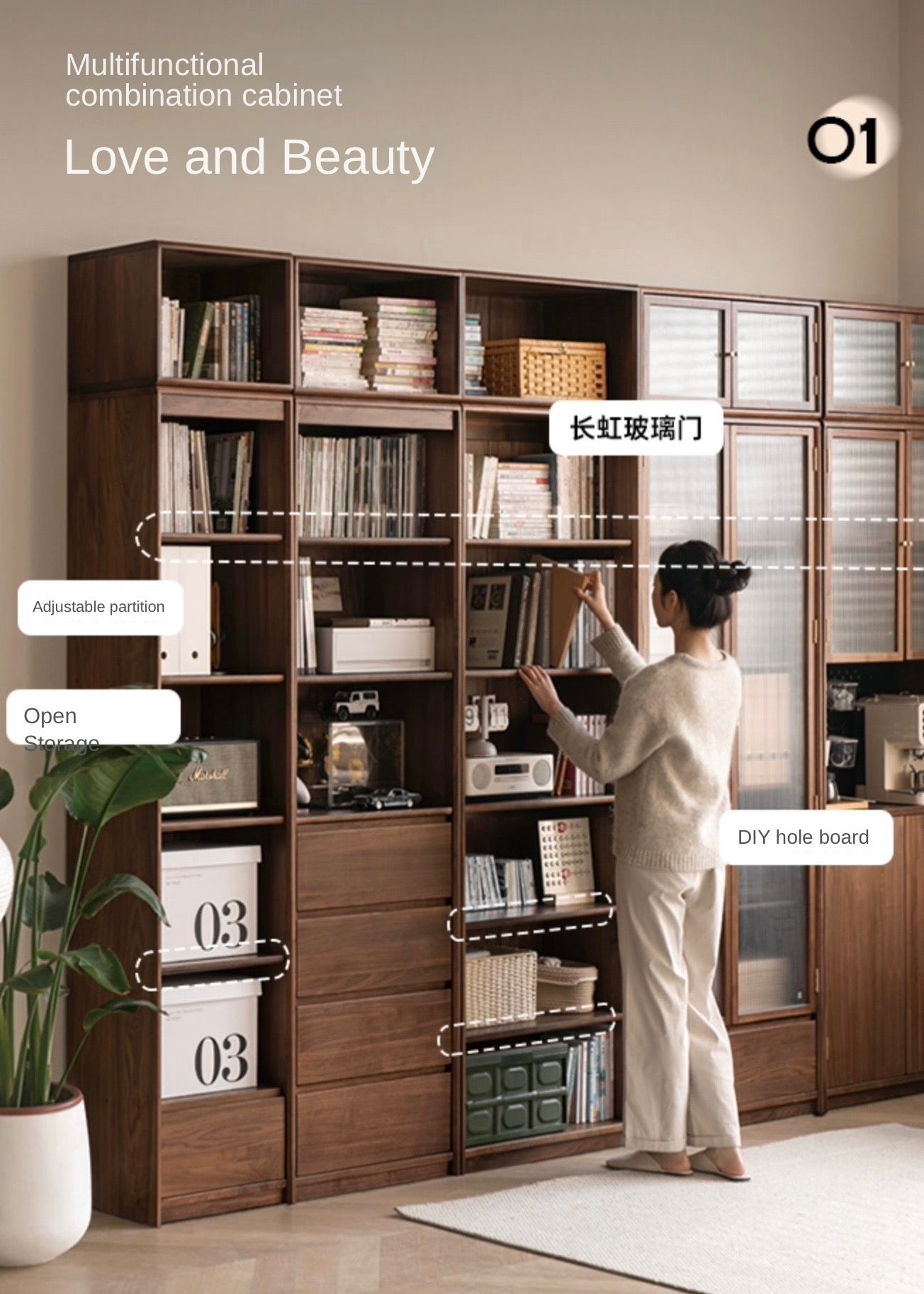 Black Walnut Solid Wood Bookcase Display Glass Door Storage Cabinet