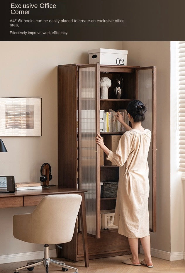 Black Walnut Solid Wood Bookcase Display Glass Door Storage Cabinet