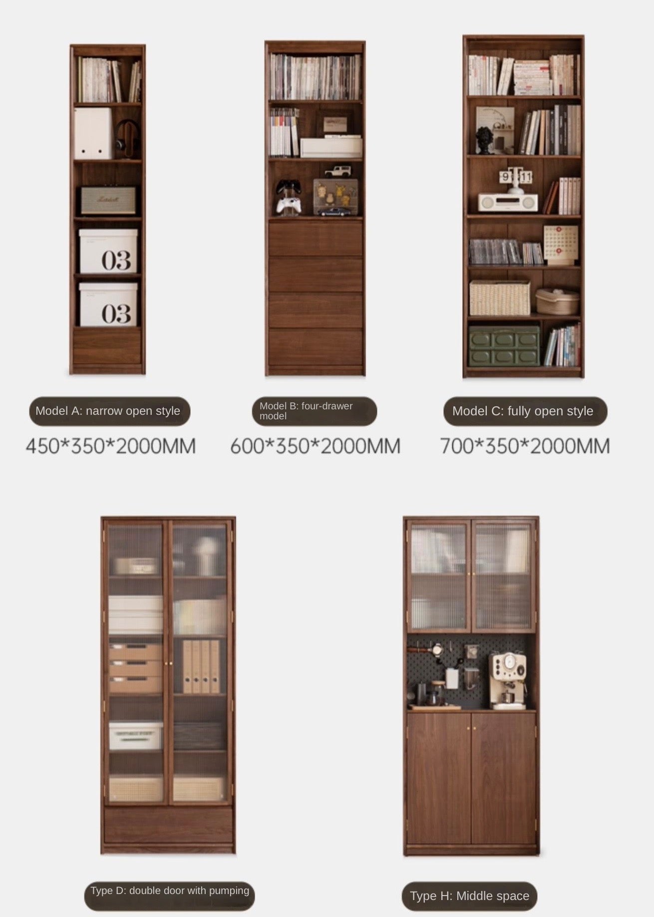 Black Walnut Solid Wood flat glass Double-door bookcase