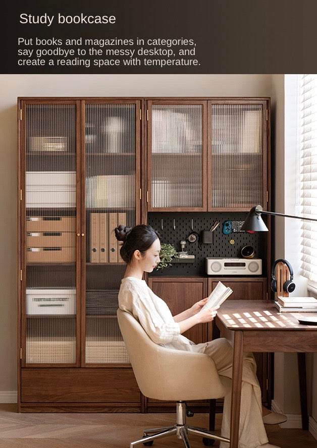 Black Walnut Solid Wood Bookcase Display Glass Door Storage Cabinet
