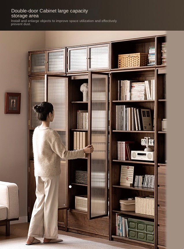 Black Walnut Solid Wood Bookcase Display Glass Door Storage Cabinet