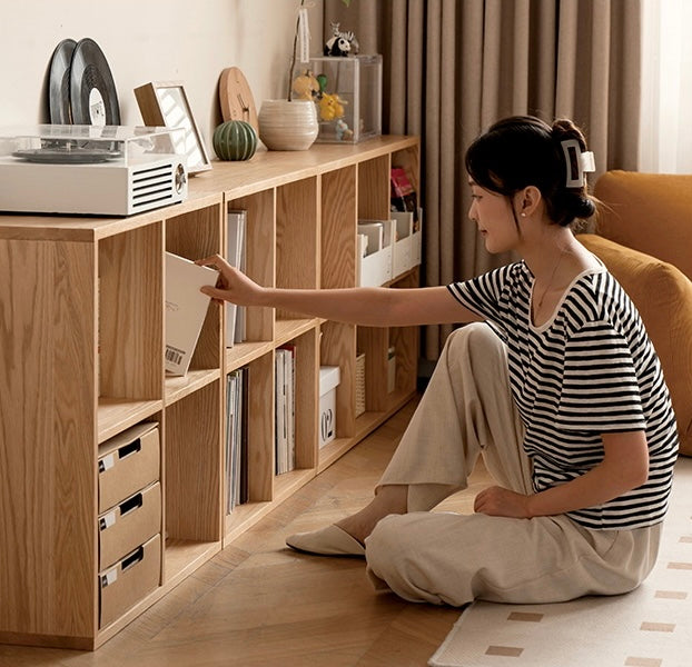 Oak Solid Wood Bookshelf Free Combination Floor-to-ceiling Lattice Cabinet