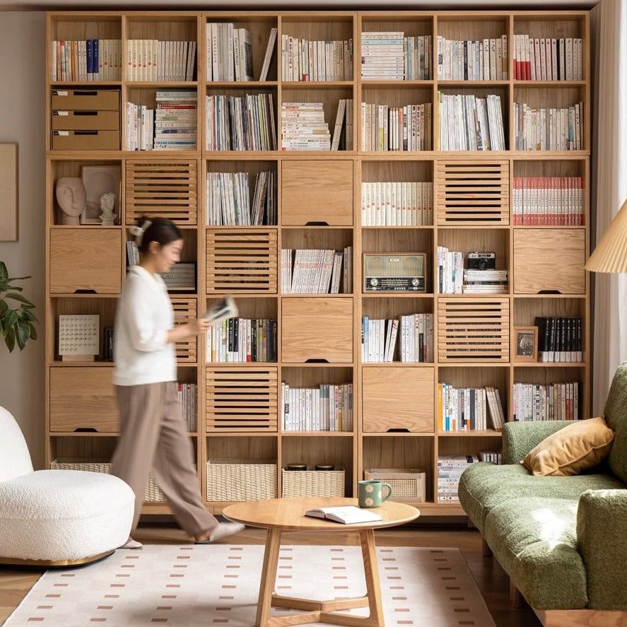 Oak Solid Wood Bookshelf Free Combination Floor-to-ceiling Lattice Cabinet