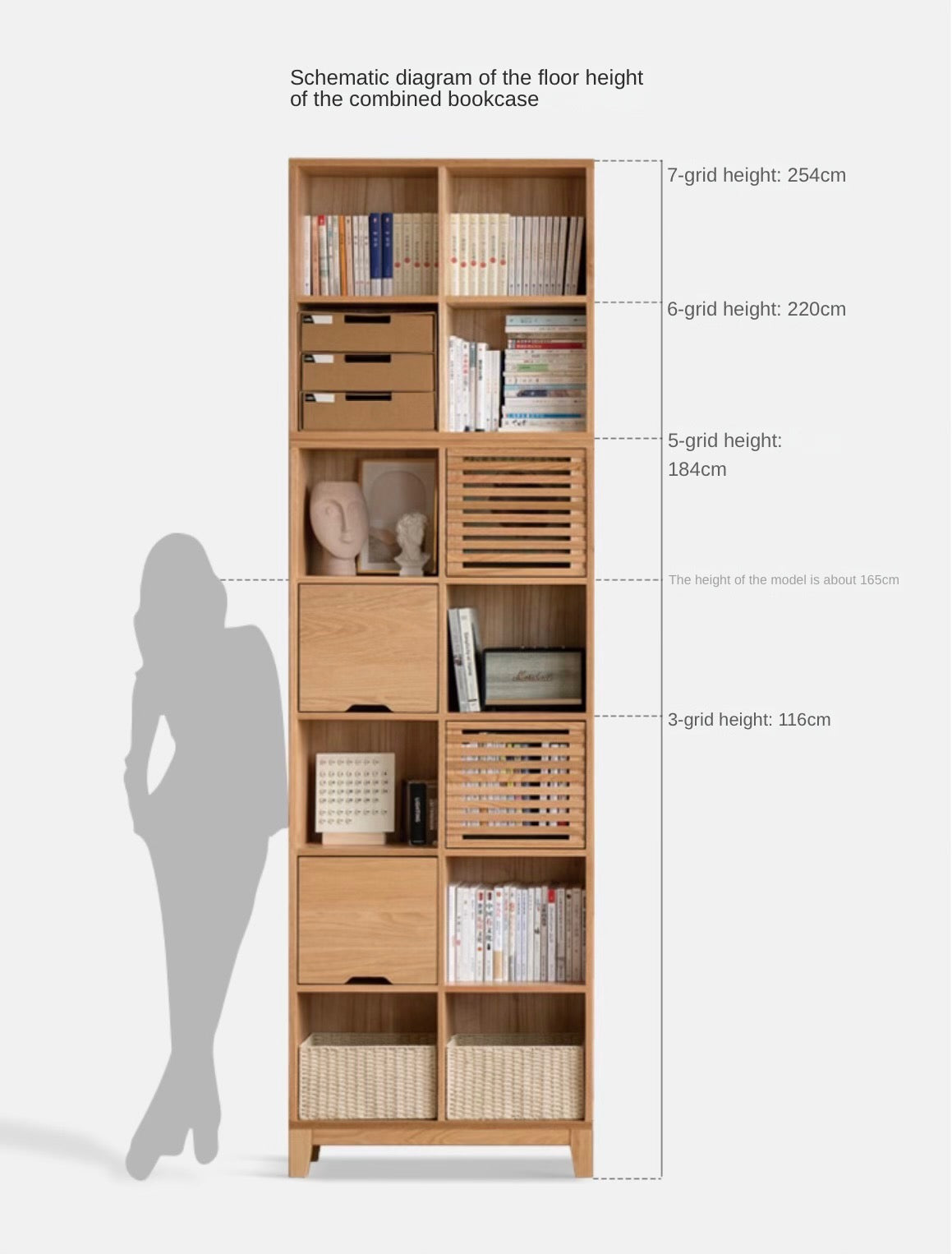 Oak Solid Wood Bookshelf Free Combination Floor-to-ceiling Lattice Cabinet