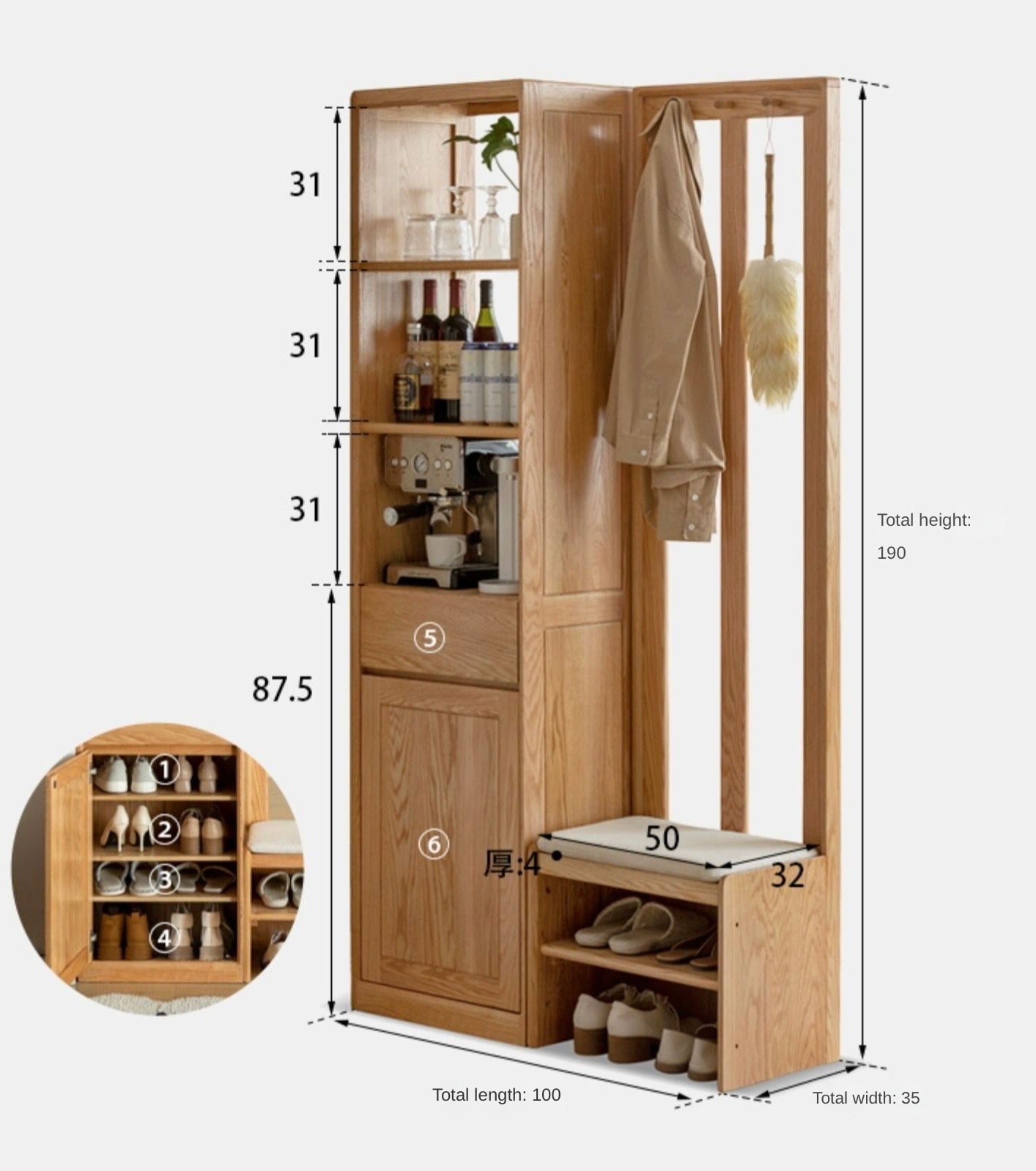 Oak Solid Wood Entry Shoe Cabinets Hall Entrance Cabinet