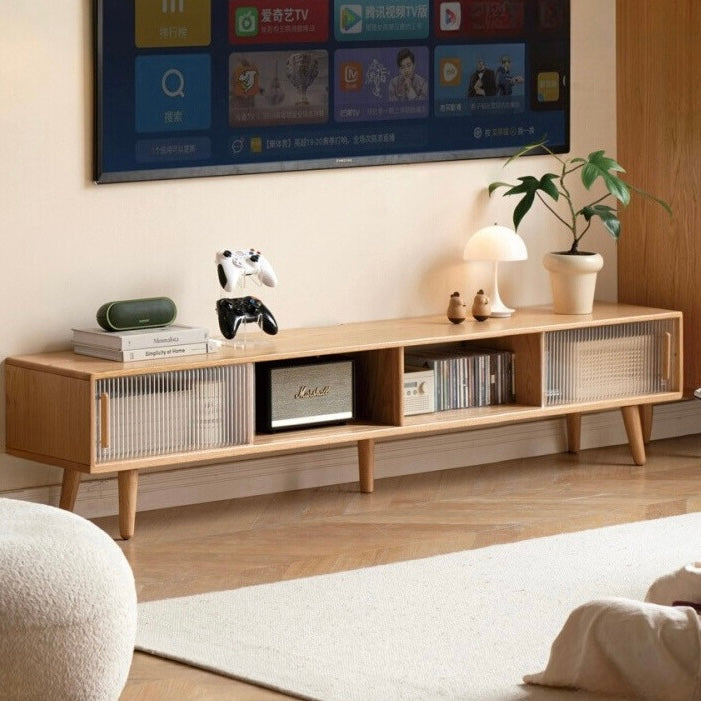 Oak, Rubber Solid wood TV Stand Glass Sliding Door