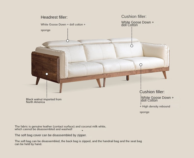 Black Walnut, Ash Solid Wood Genuine Leather Down Sofa.