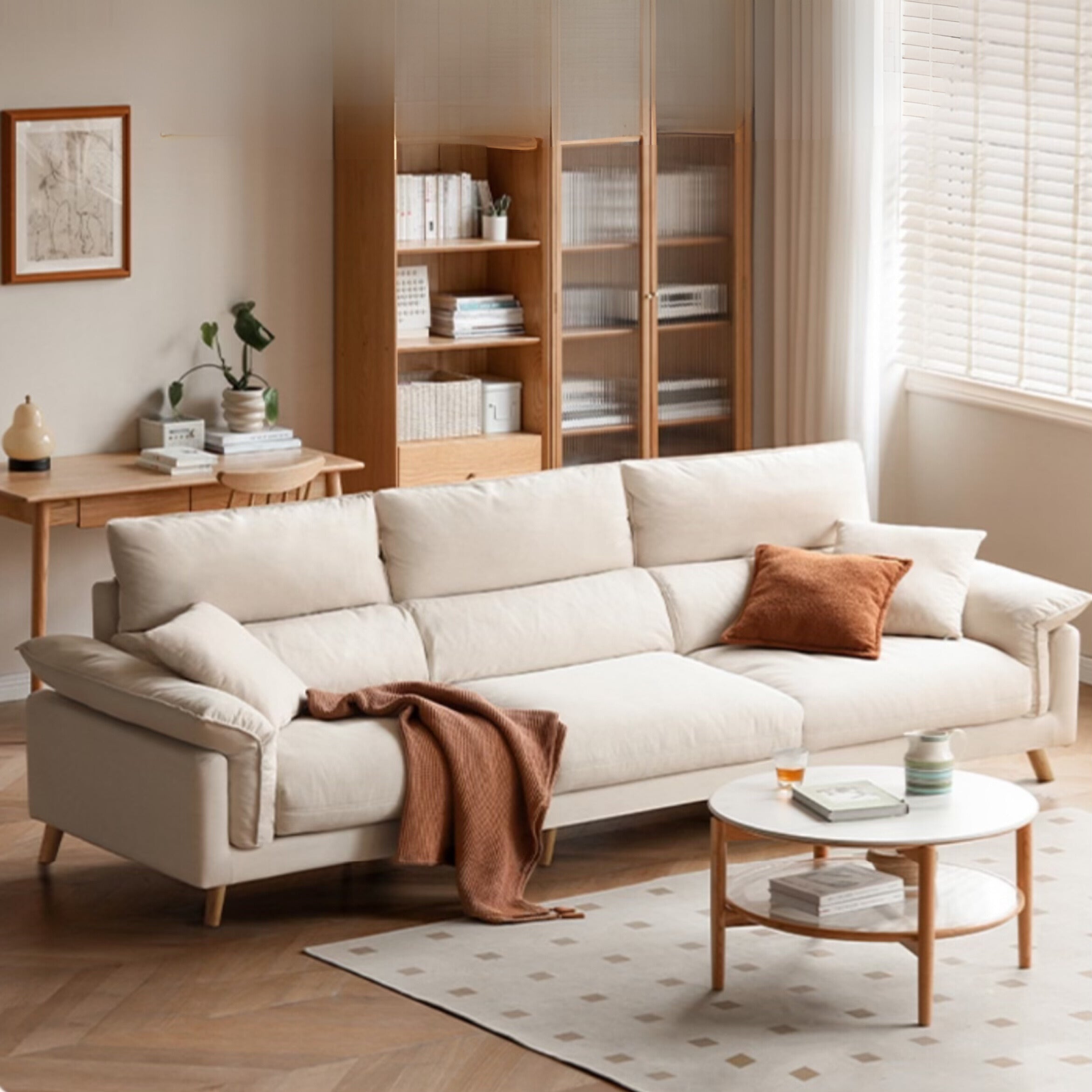 Fabric, Leather Modern White Down Sofa.