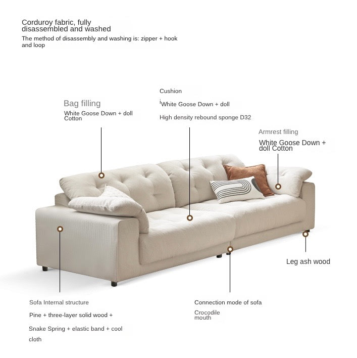 Fabric Sofa Cream Style White Goose Down.