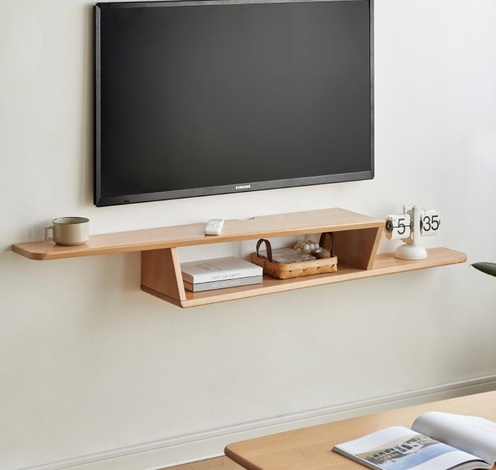 Beech, Rubber Solid Wood Hanging Narrow TV Cabinet, Wall Hanging Shelf.