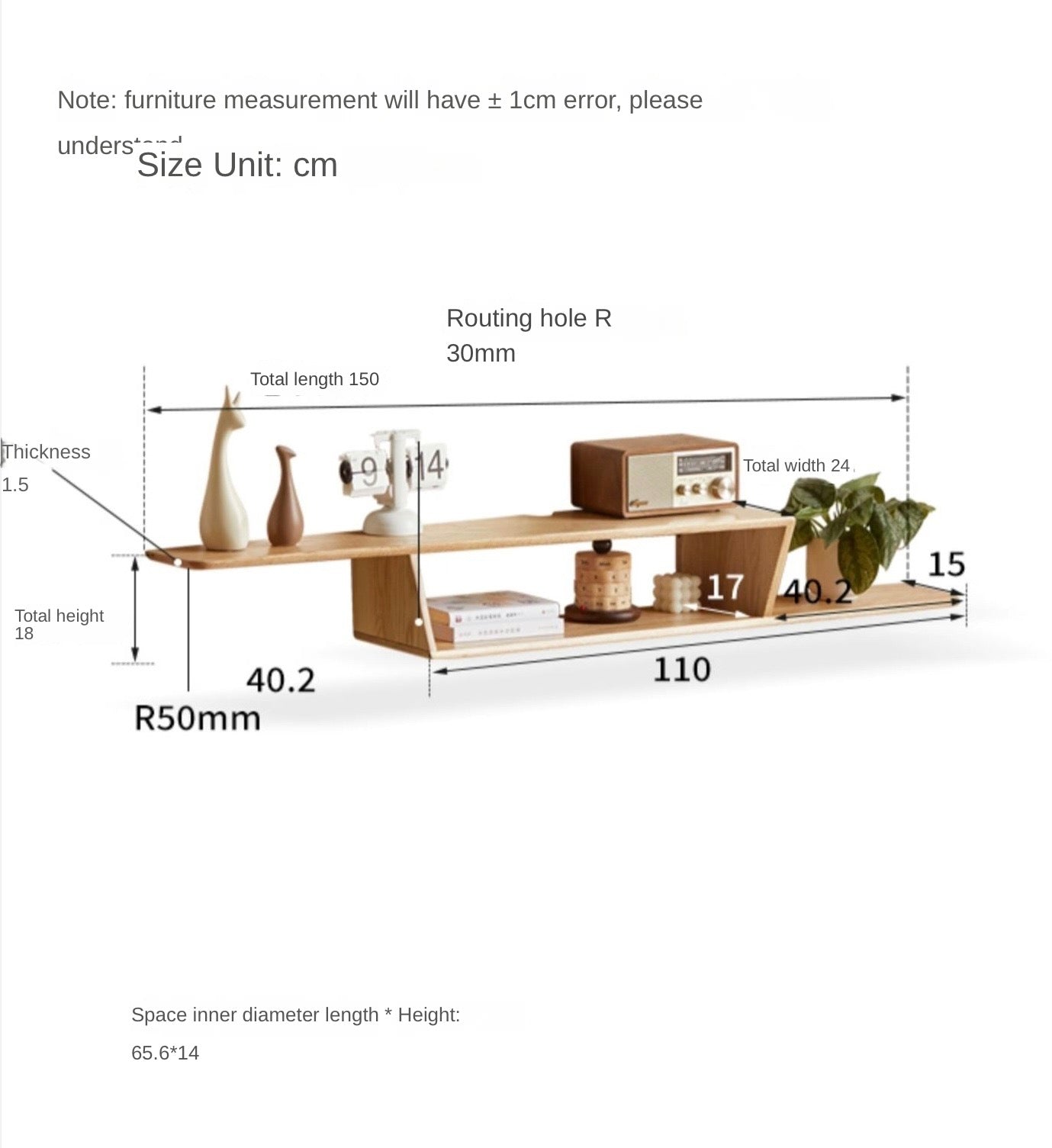 Beech, Rubber Solid Wood Hanging Narrow TV Cabinet, Wall Hanging Shelf.
