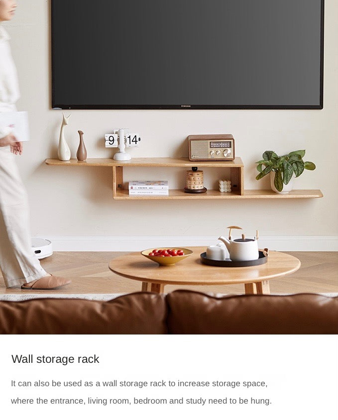 Beech, Rubber Solid Wood Hanging Narrow TV Cabinet, Wall Hanging Shelf.