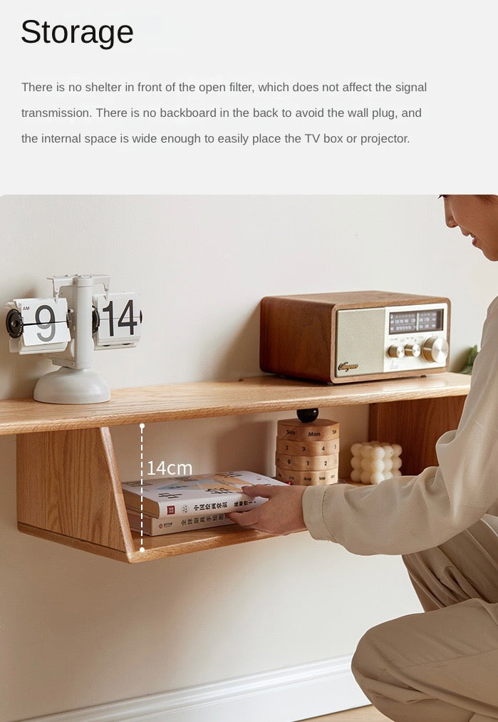 Beech, Rubber Solid Wood Hanging Narrow TV Cabinet, Wall Hanging Shelf.