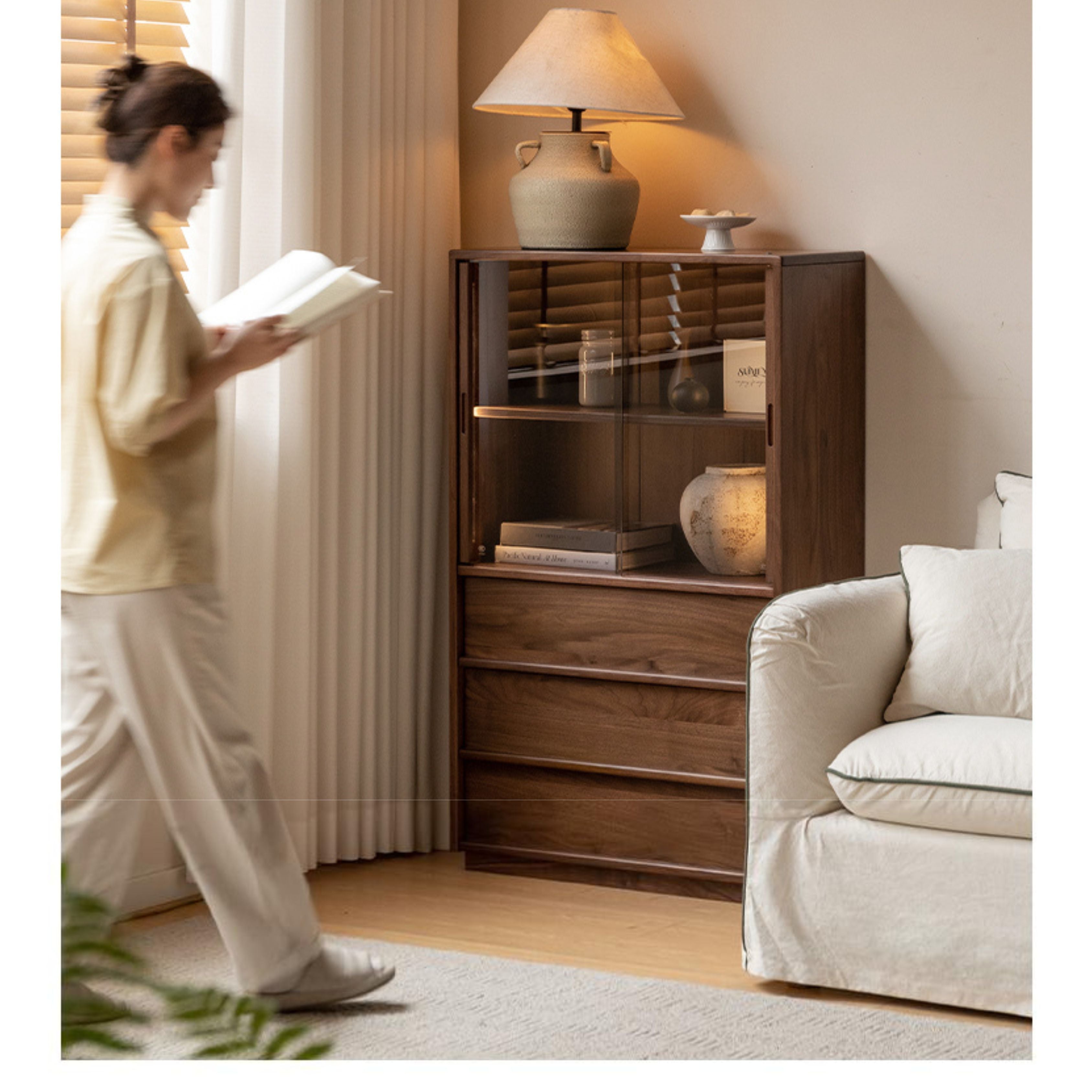 Oak, White oak, Black Walnut Solid Wood Wabi-Sabi Style Floor Side Cabinet.