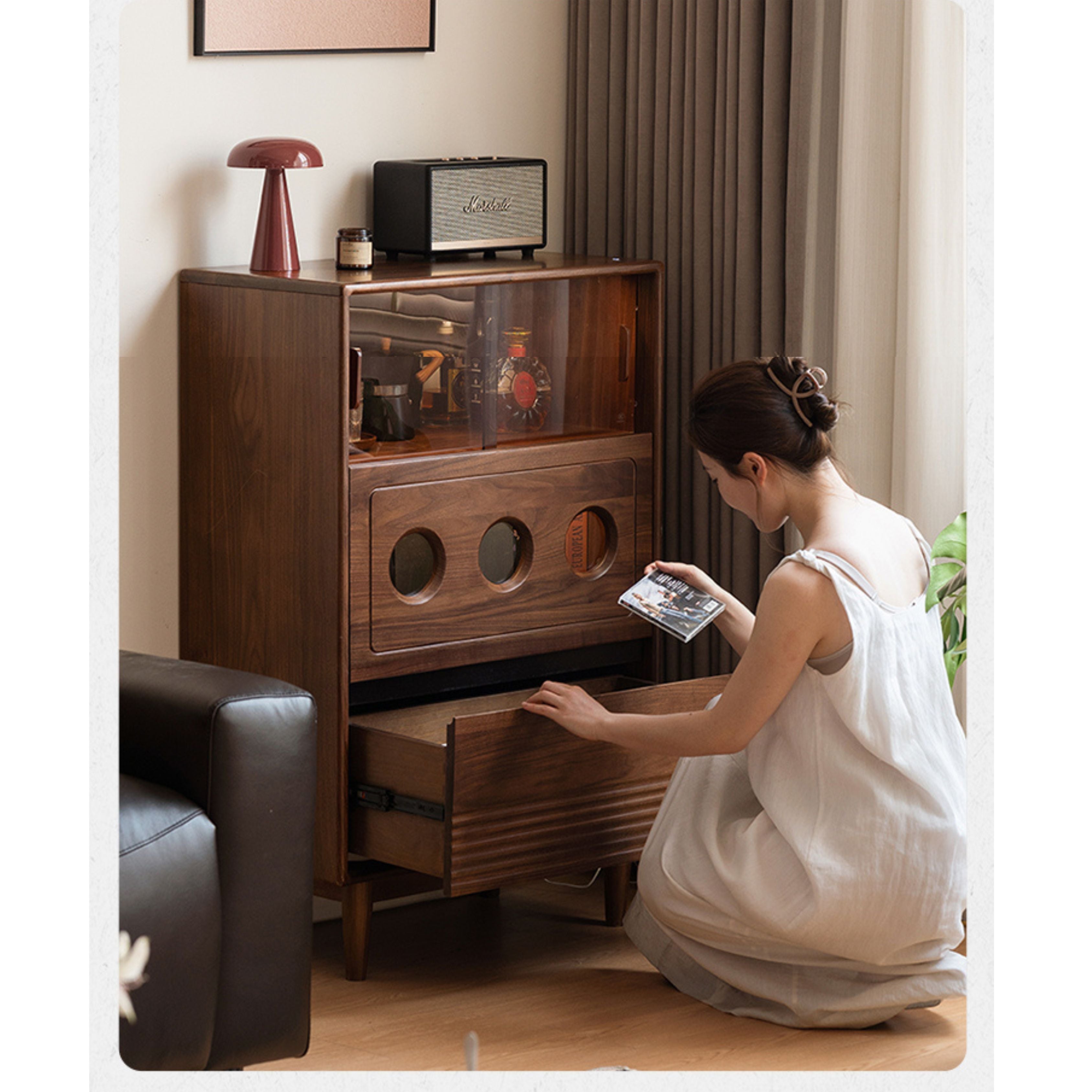 Black Walnut, Golden Sandalwood Solid Wood Antique Locker Retro Side Cabinet.