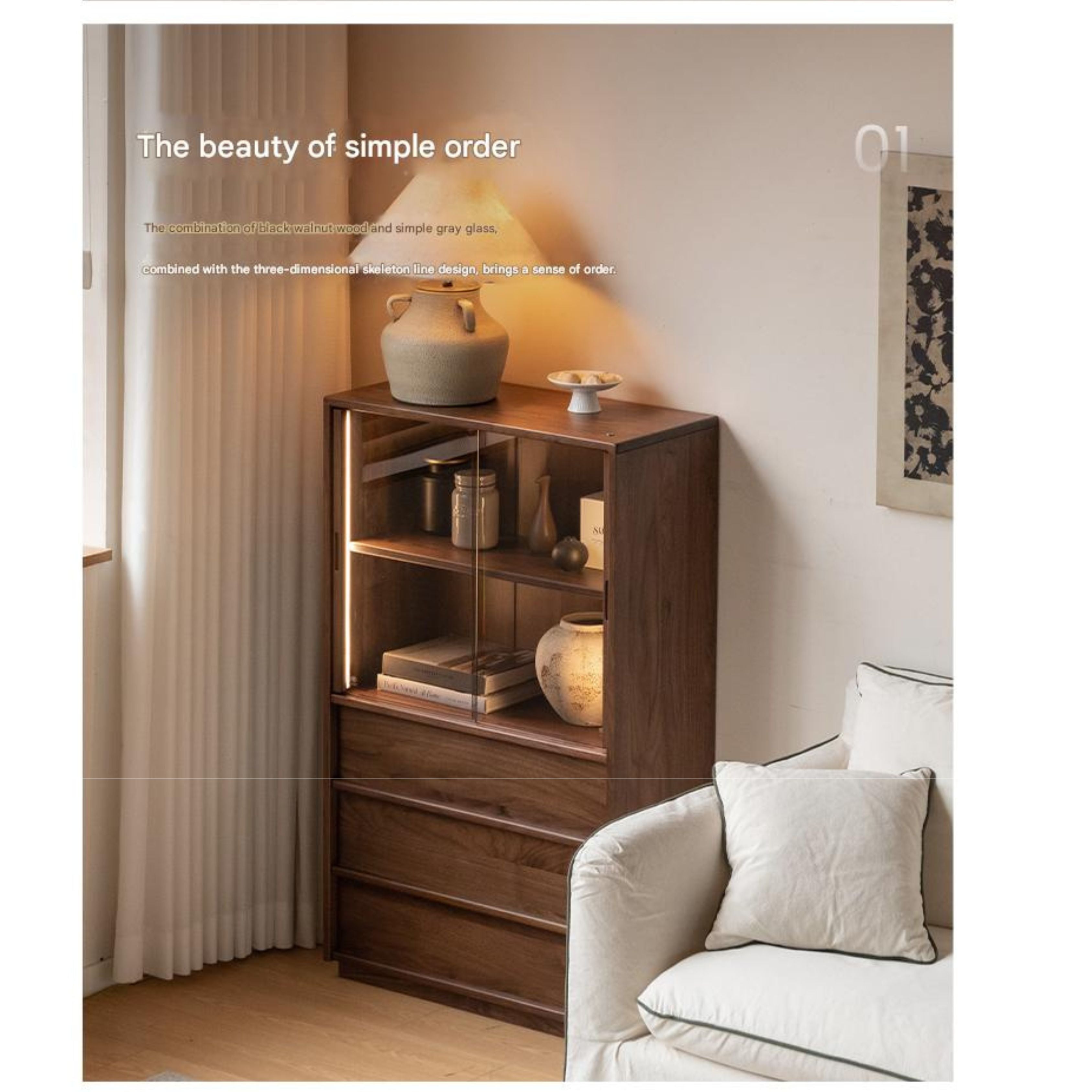 Oak, White oak, Black Walnut Solid Wood Wabi-Sabi Style Floor Side Cabinet.