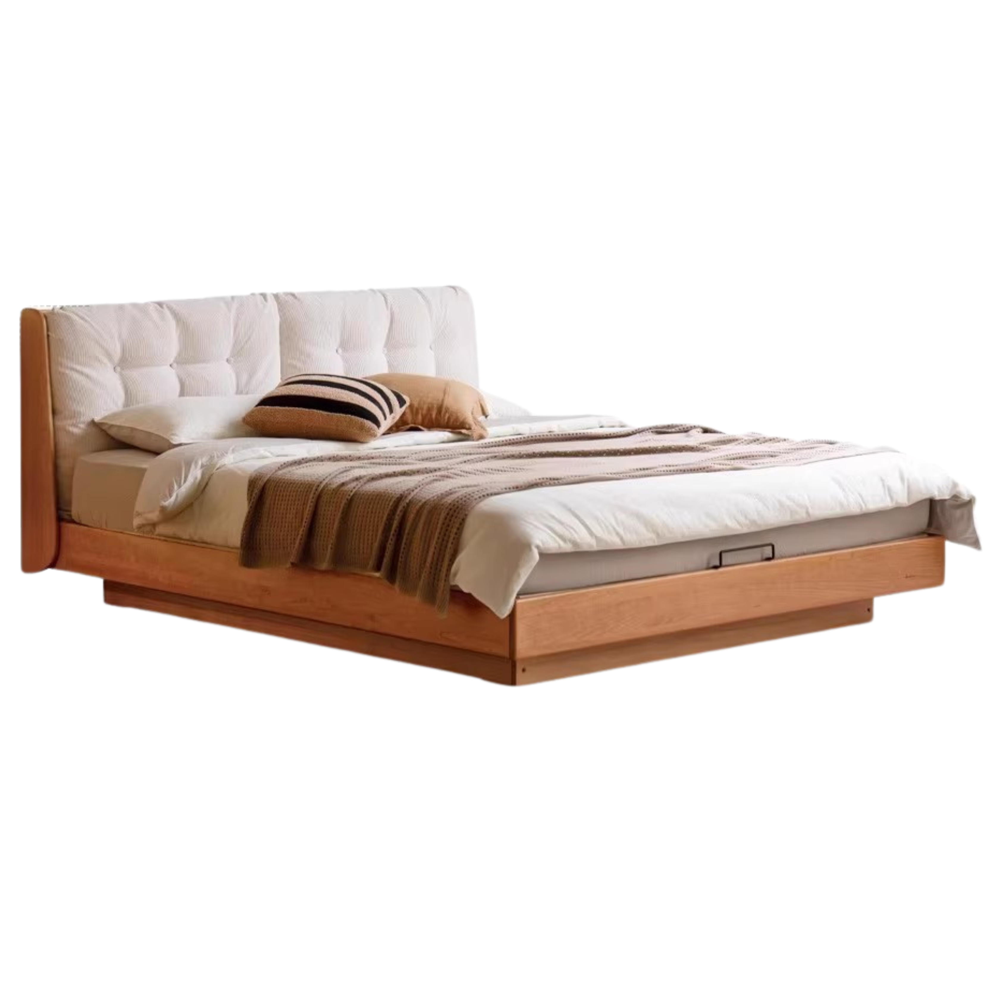 Cherry Solid Wood Box Bed Top Genuine Leather, Corduroy Suspended Bed