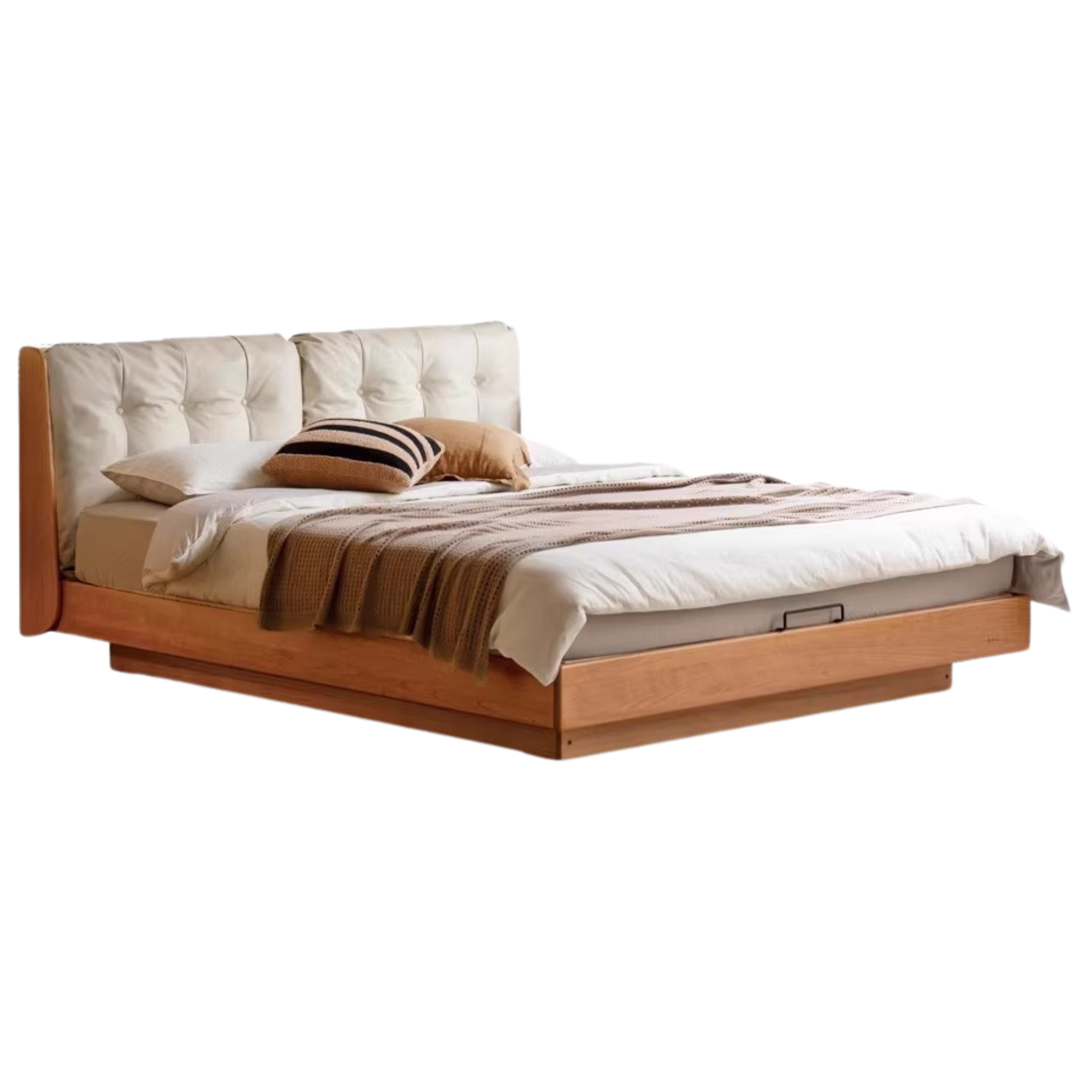 Cherry Solid Wood Box Bed Top Genuine Leather, Corduroy Suspended Bed