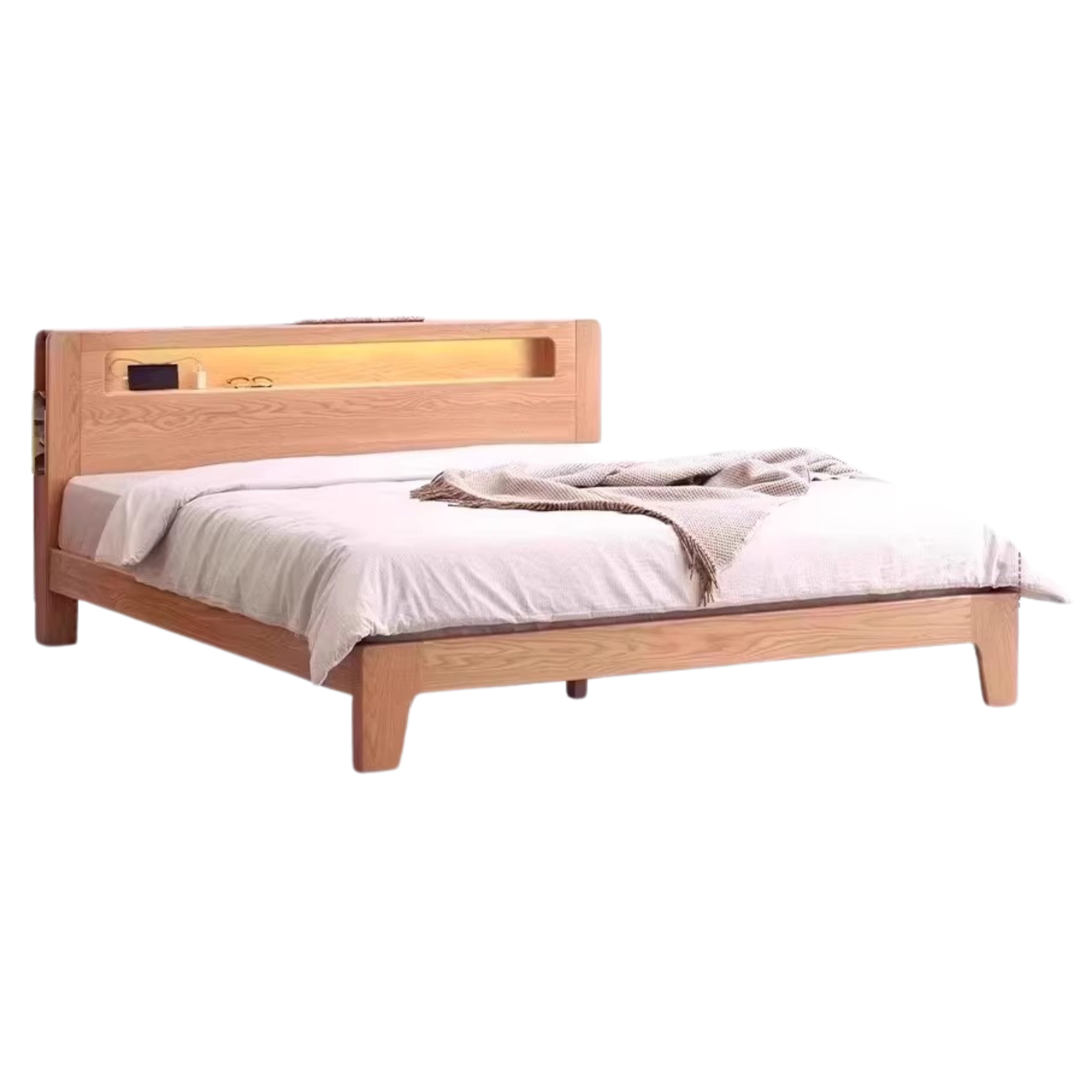 Oak, Beech Solid Wood With Light And Bookshelf Bed