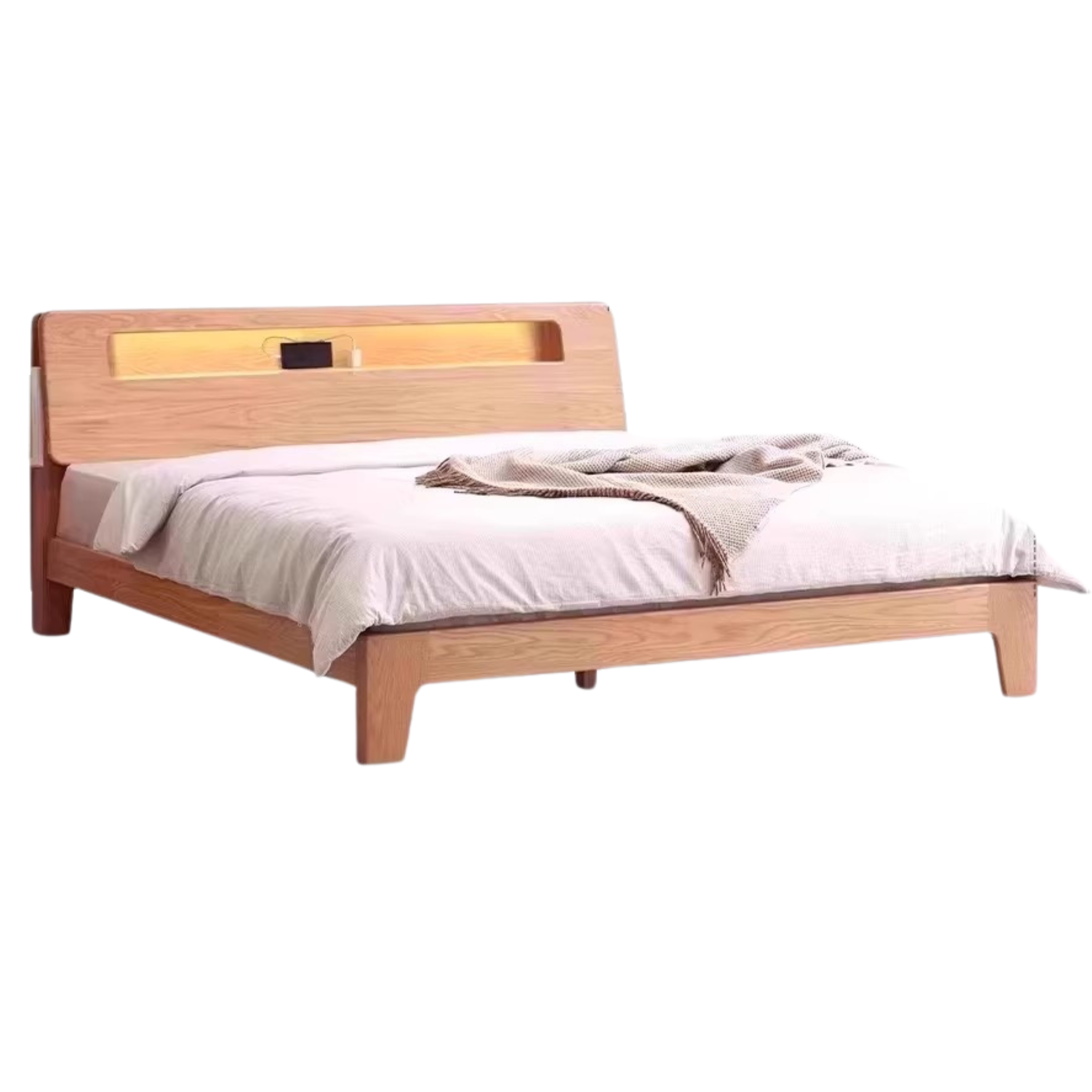 Oak, Beech Solid Wood With Light And Bookshelf Bed