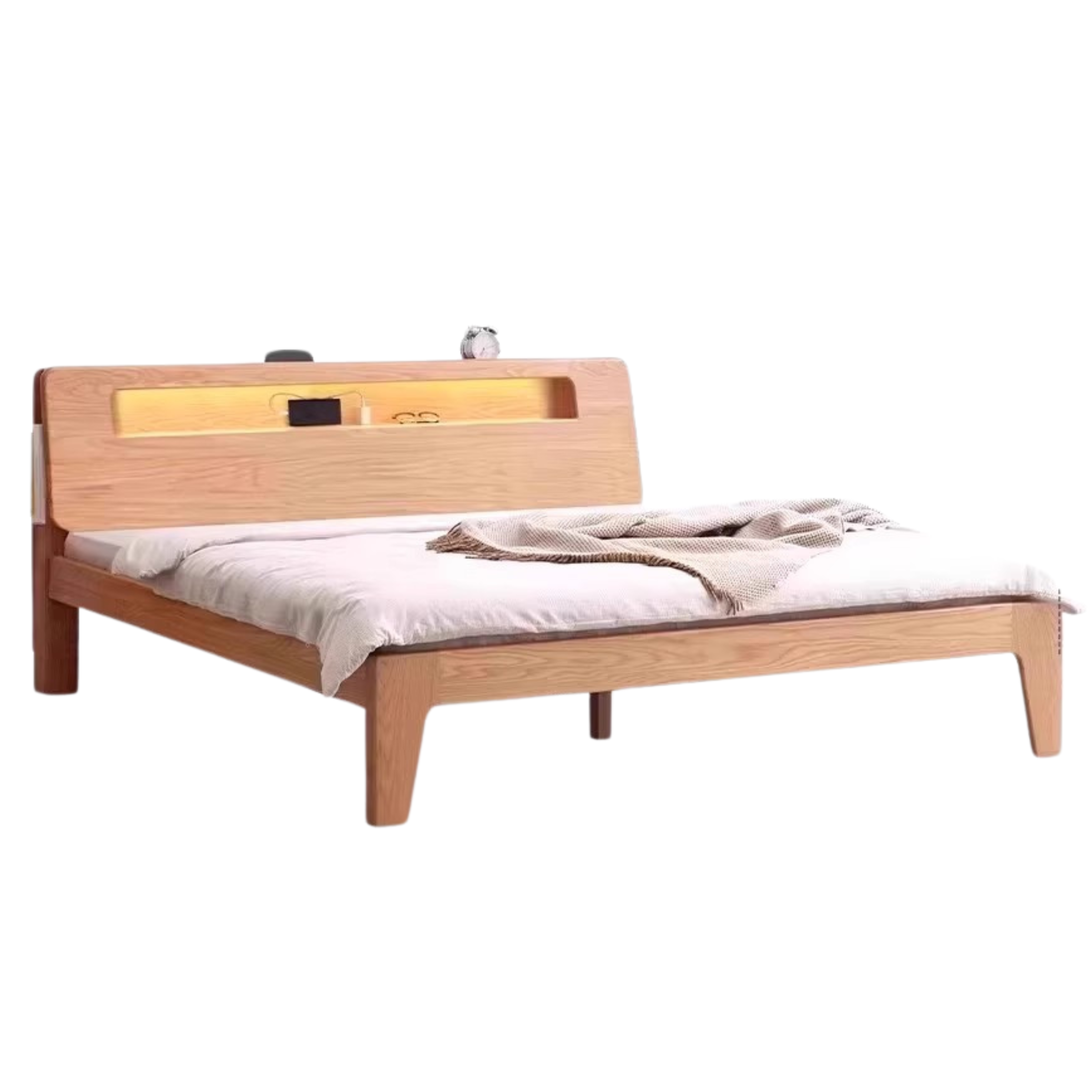 Oak, Beech Solid Wood With Light And Bookshelf Bed