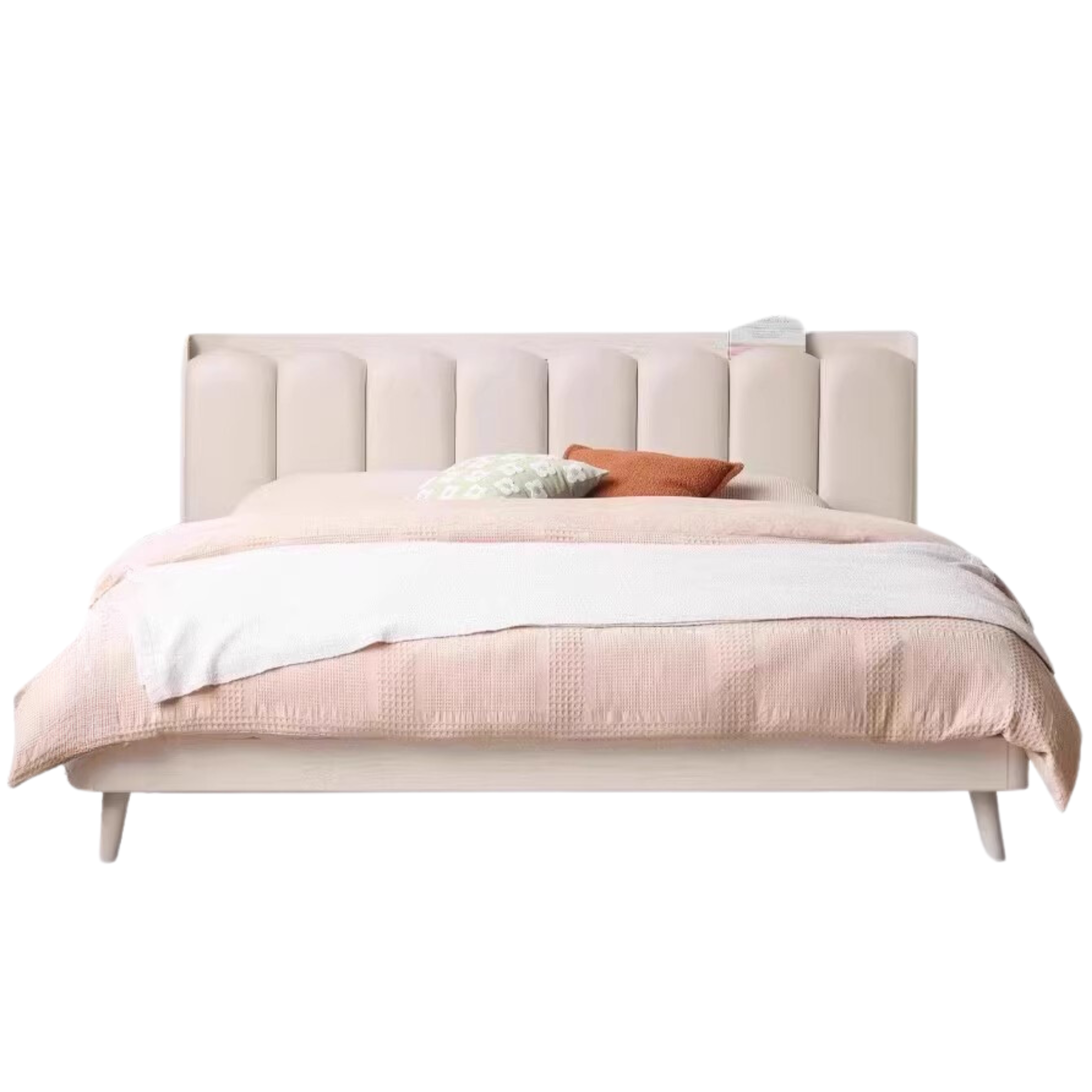 Oak Solid Wood Bed — Cream Style with White Harp Design, Home Charging Soft Backrest