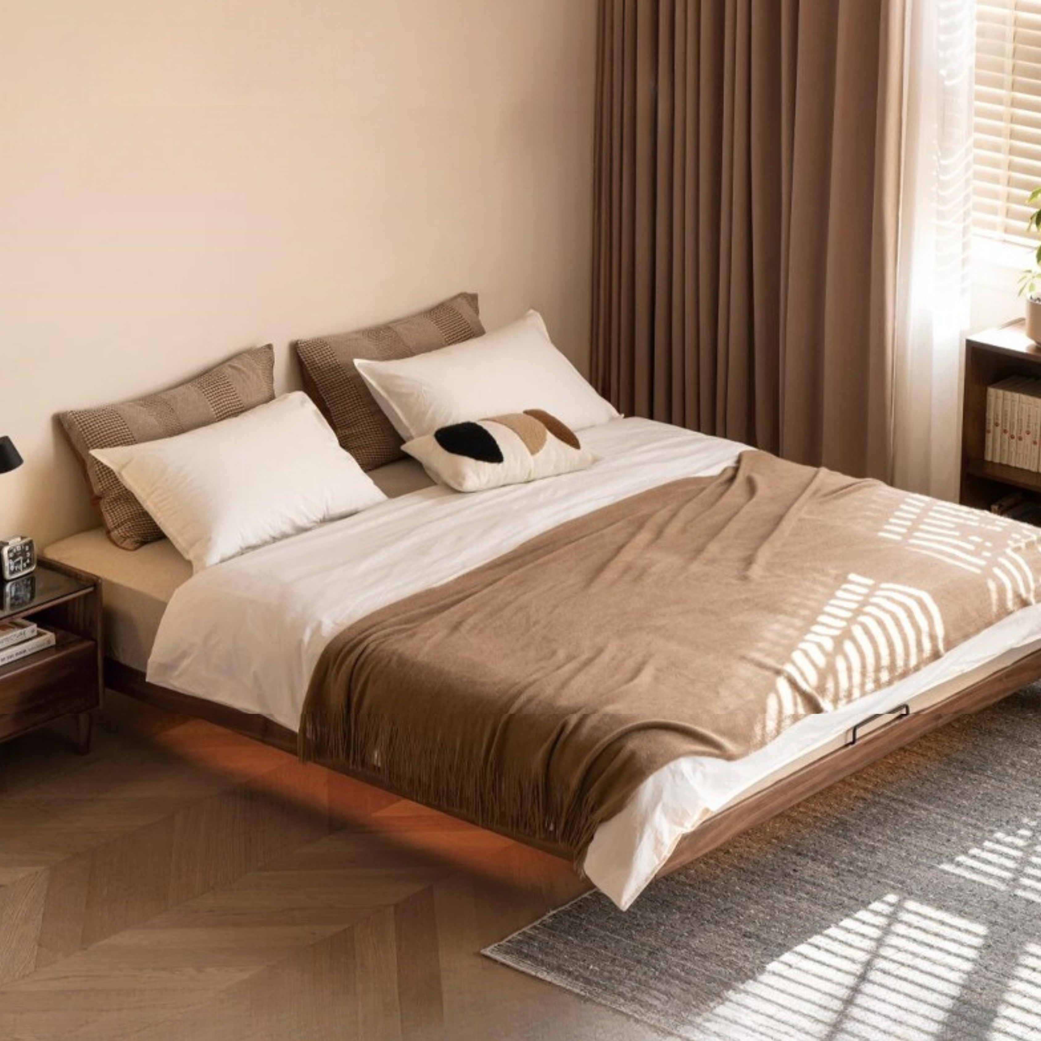 Black Walnut, Oak Solid Wood platform bed, headboard-free Suspended Bed