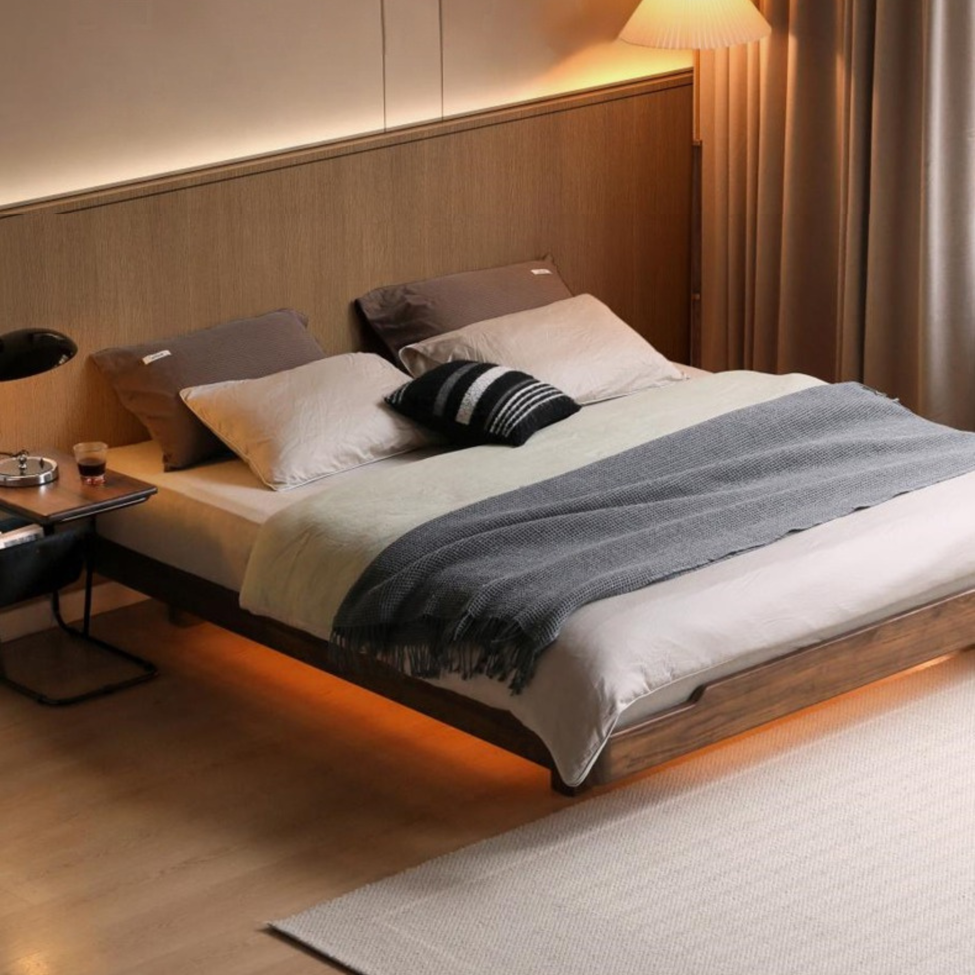 Black walnut solid wood platform bed, headboard-free suspended bed