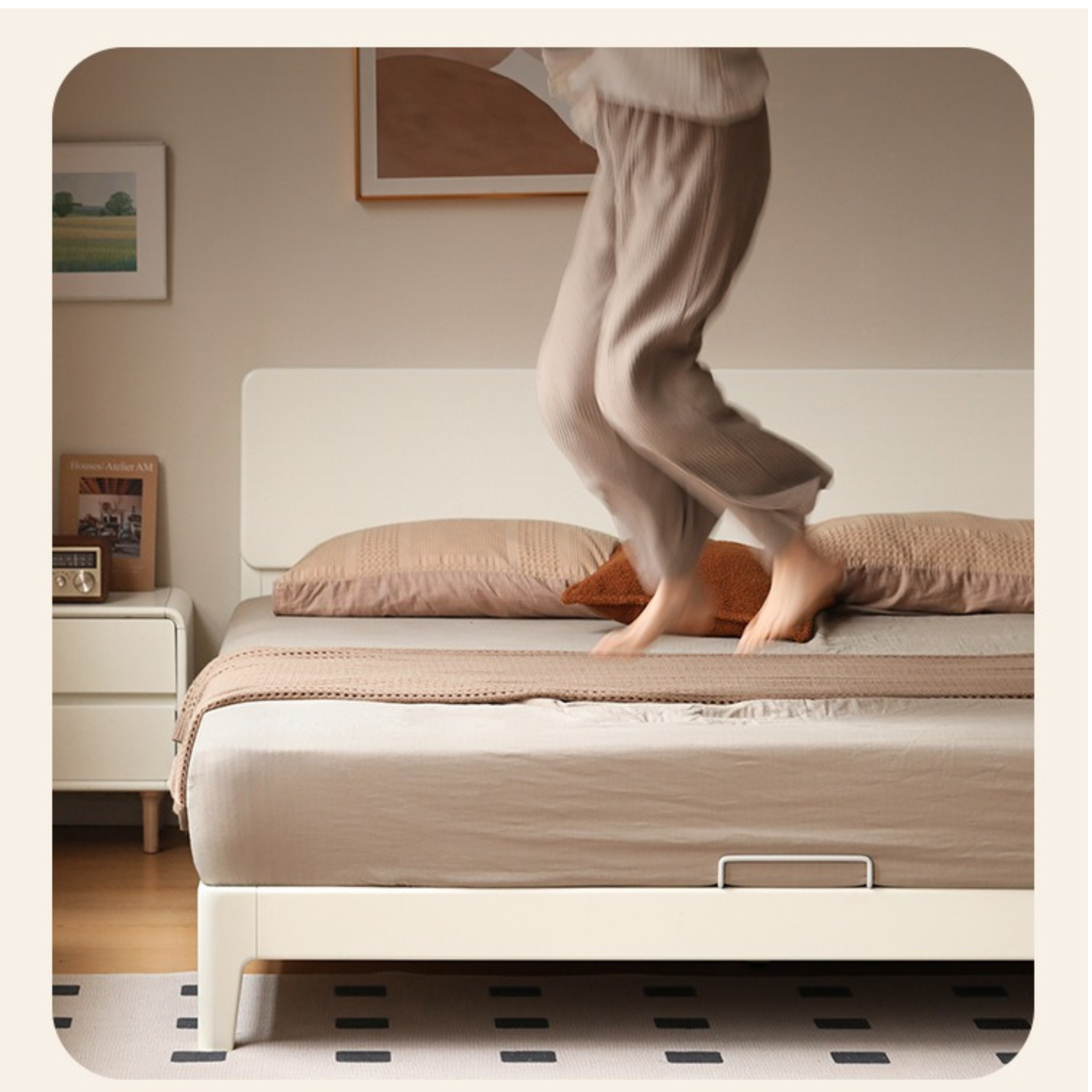 Poplar, Rubberwood Solid Wood Bed Modern Simple Cream Style