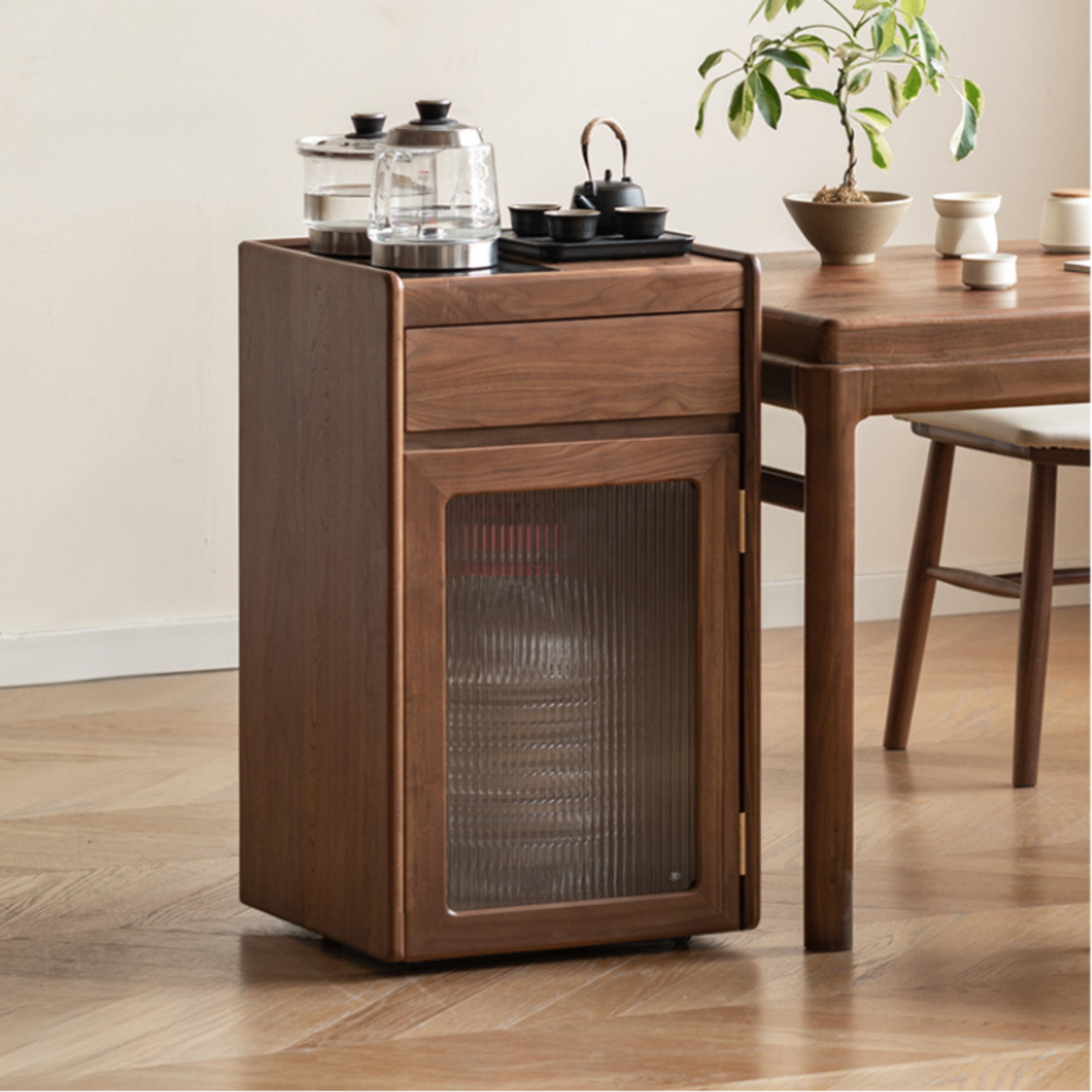 Oak, Black Walnut Solid Wood Tea Cabinet Kettle Integrated Side Cabinet