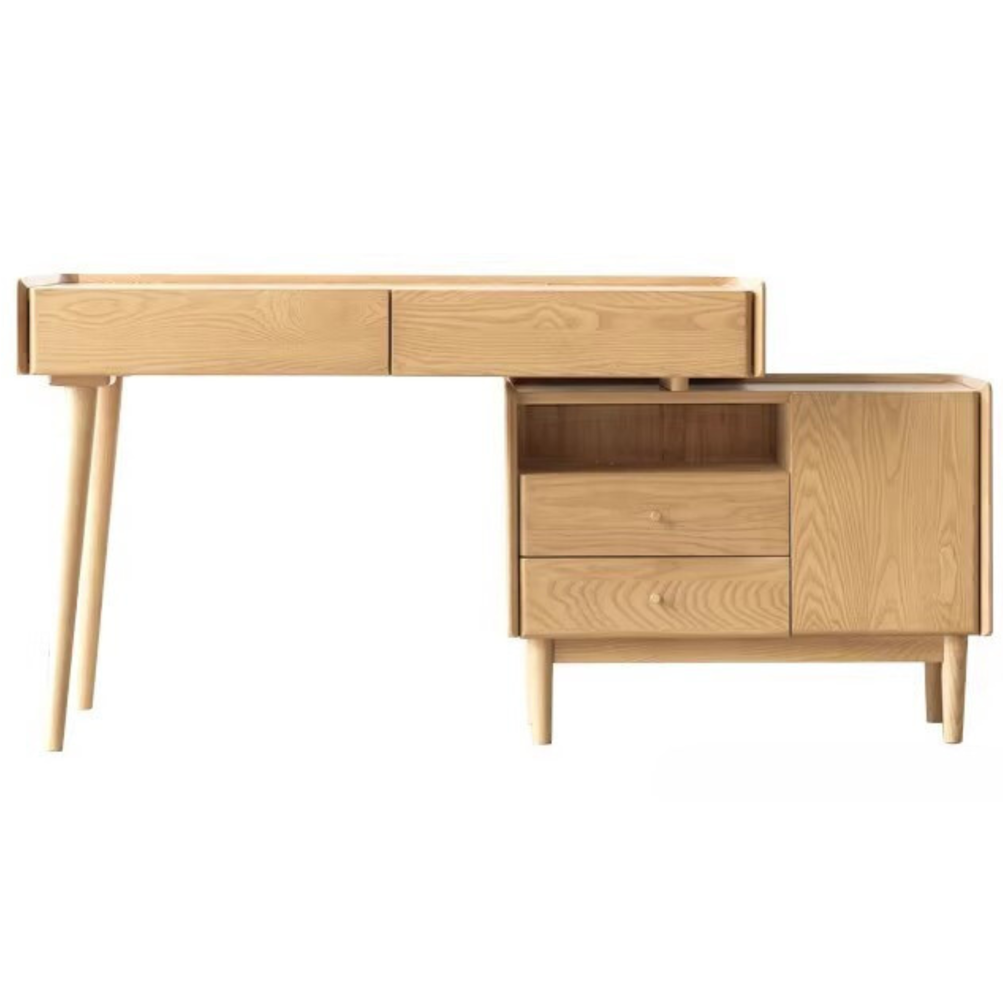 Ash Solid Wood Retractable Desk with Cabinet, Home Office