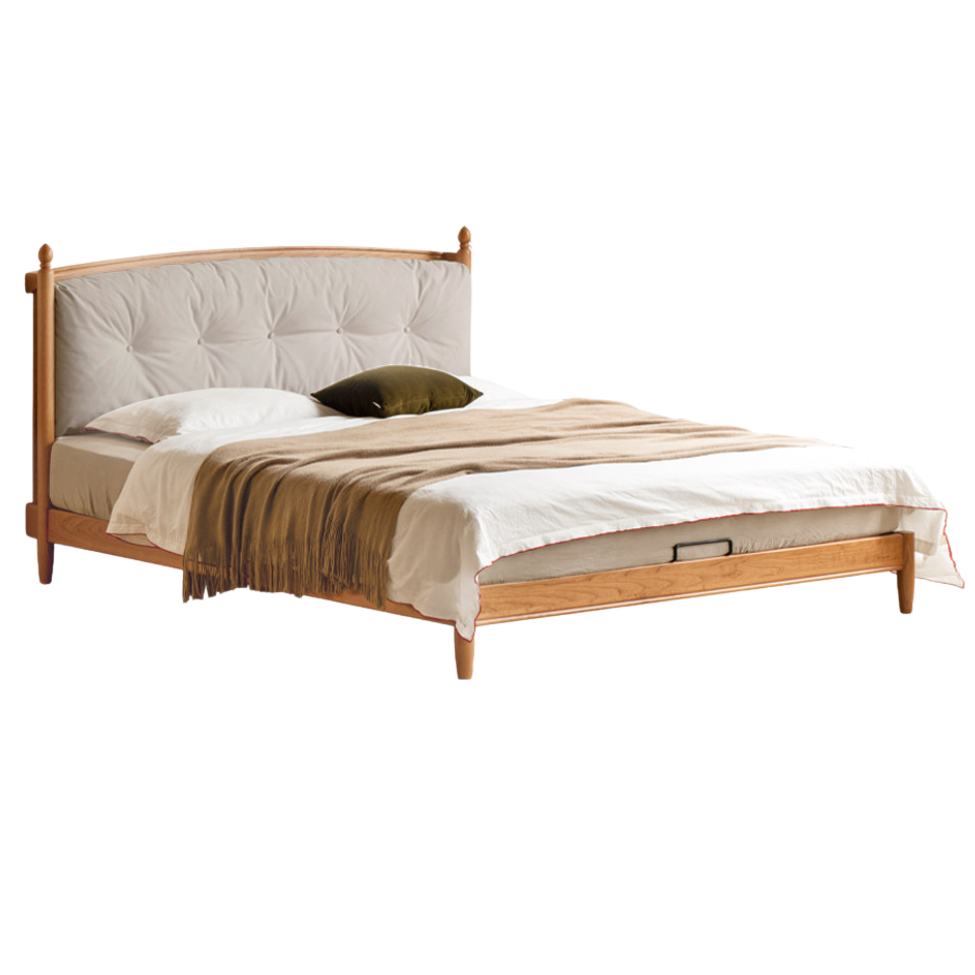 Cherry Solid Wood Upholstered Bed with Modern Minimalist and Retro Design