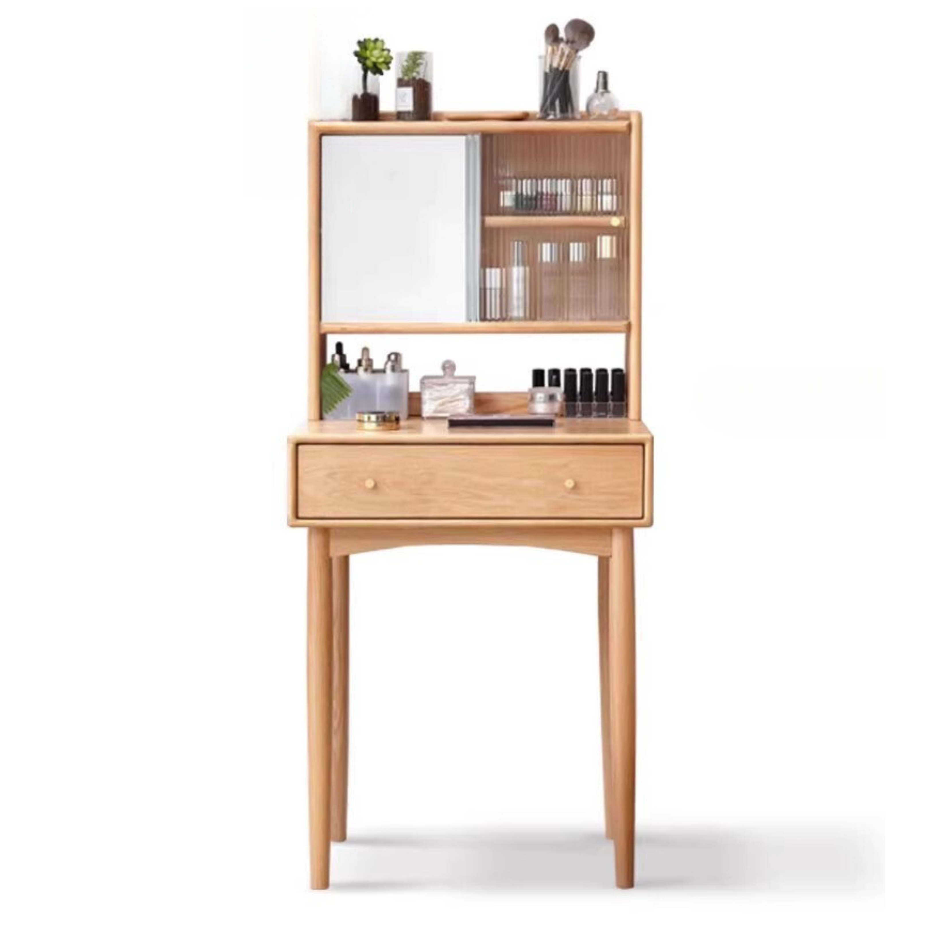 Solid Rubberwood, Oak Solid Wood Dressing Table Hidden Makeup Mirror.