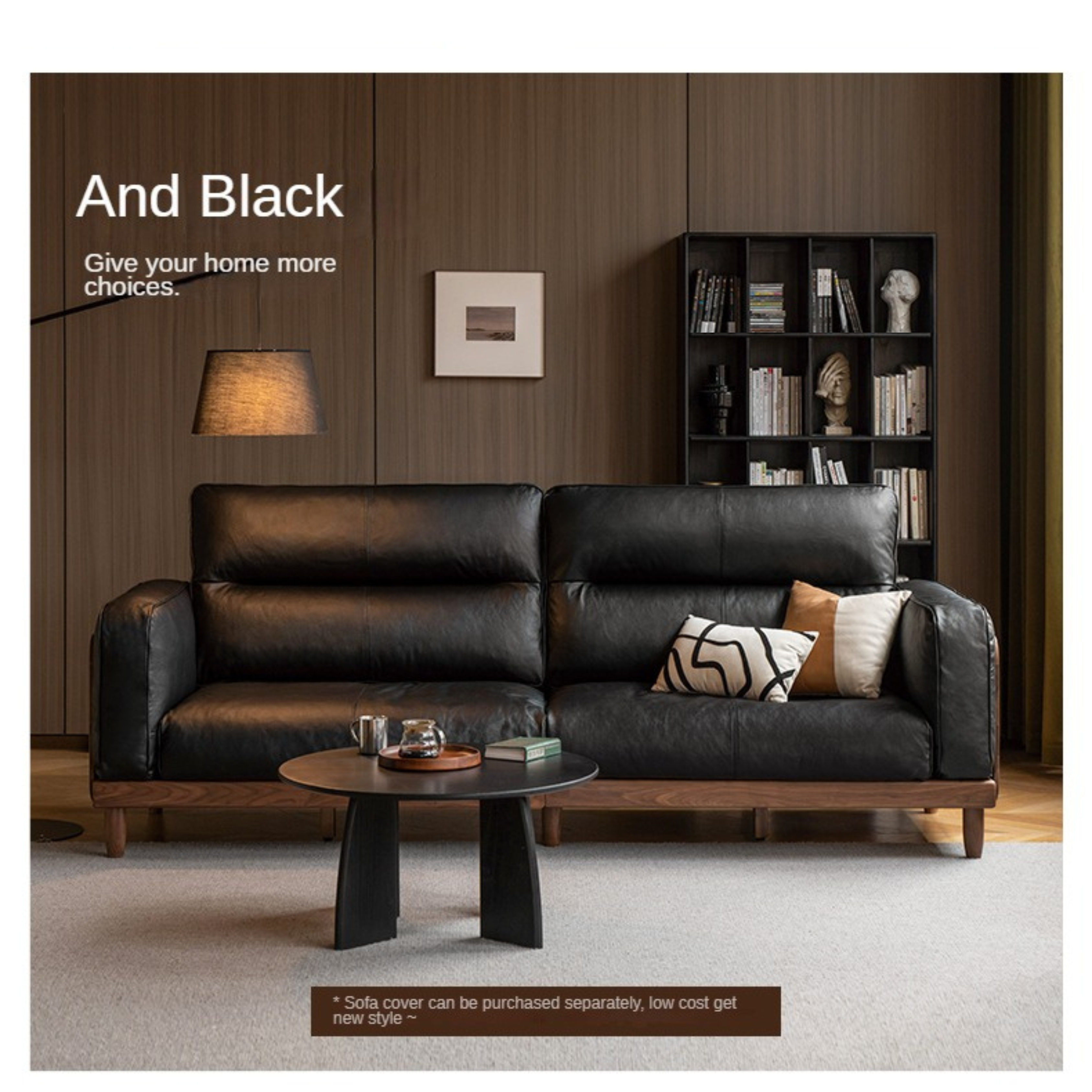 Black Walnut, Ash, Solid Sandalwood Wood Leather Top Layer Yellow Cowhide Sofa.