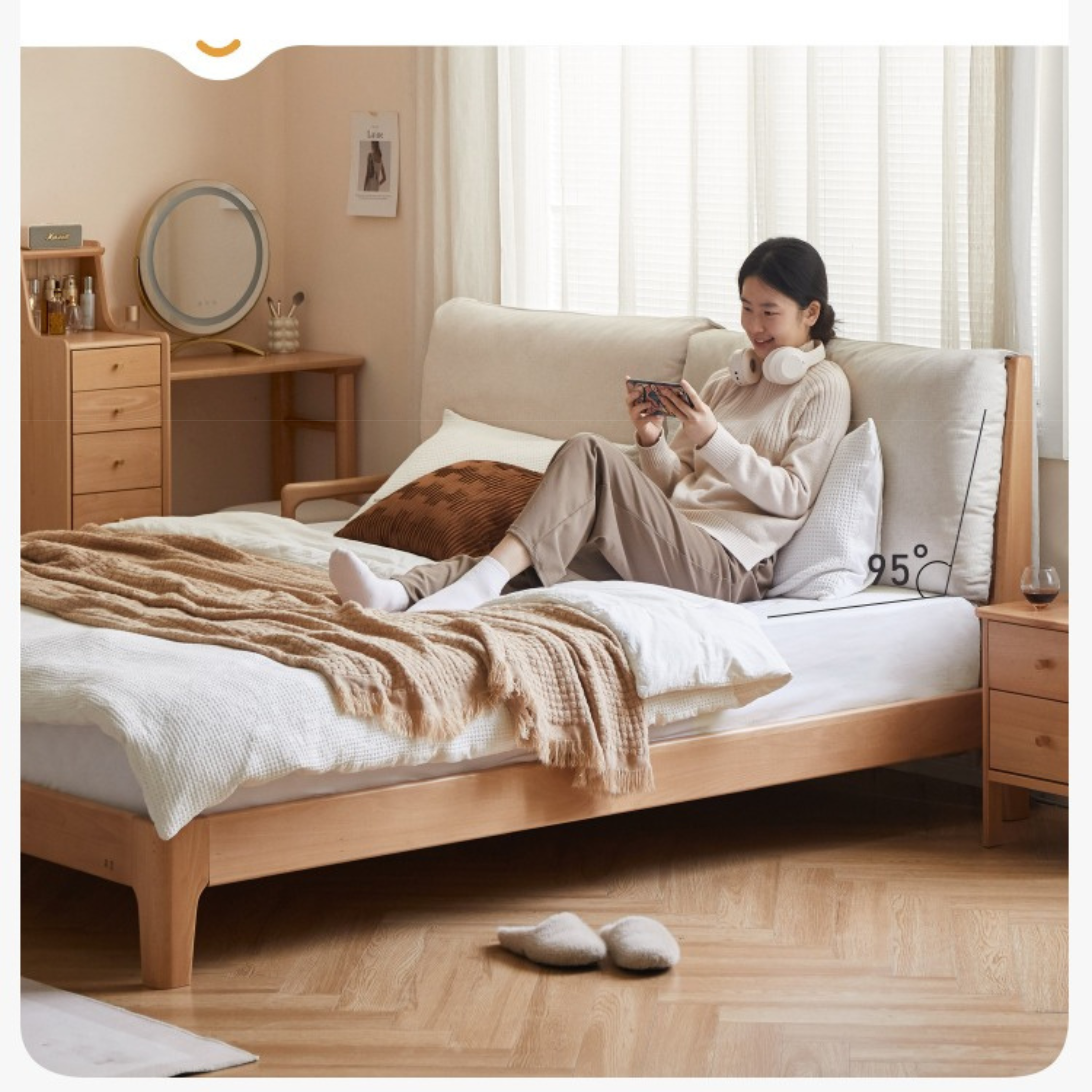 European Beech solid wood soft back fabric bed
