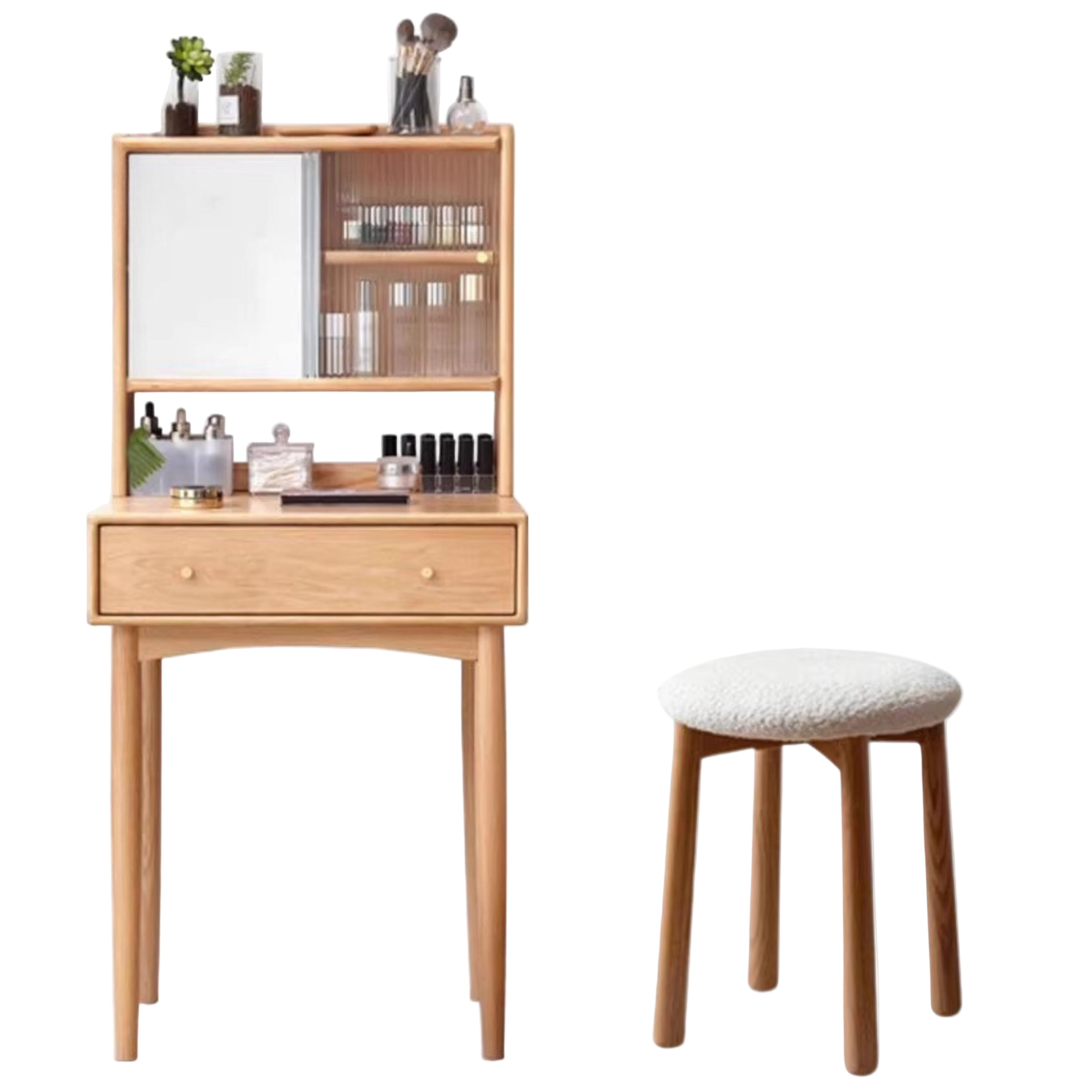 Oak Solid Wood, Solid Rubberwood Vanity Table Hidden Makeup Mirror.