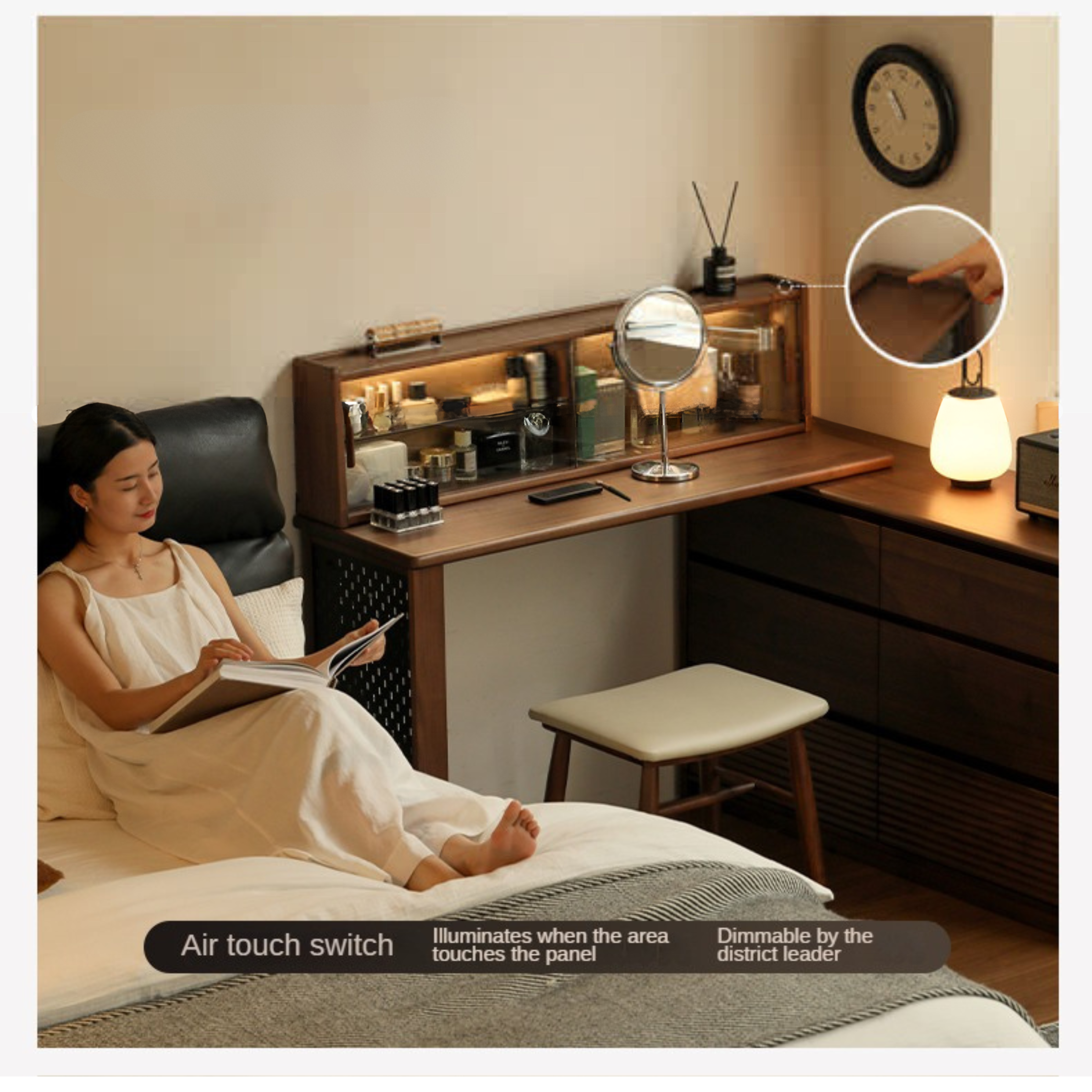 Black Walnut, Sandawood Light Luxury Retractable Vanity Table.