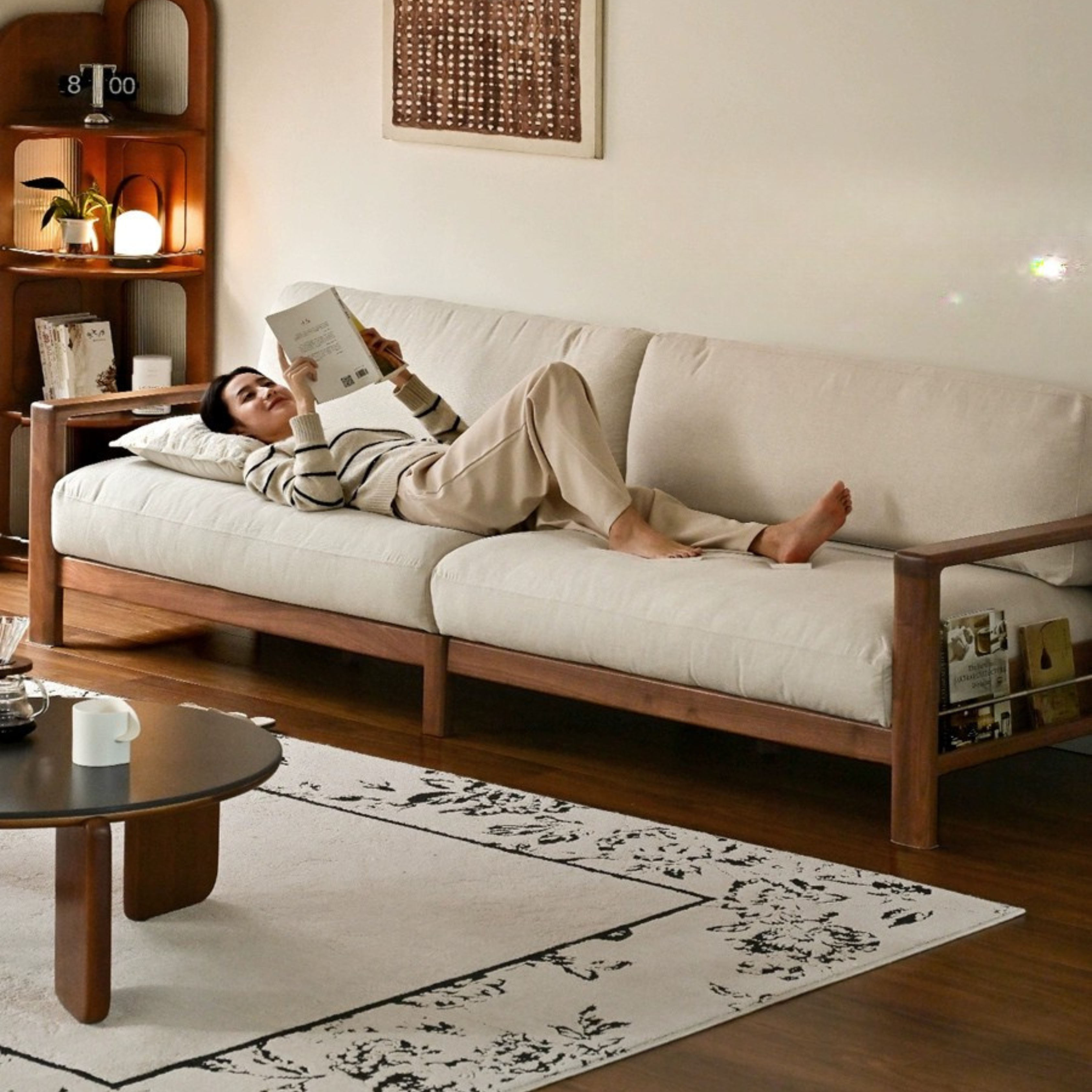 Black Walnut Solid Wood Fabric, eco-leather Modern Sofa.