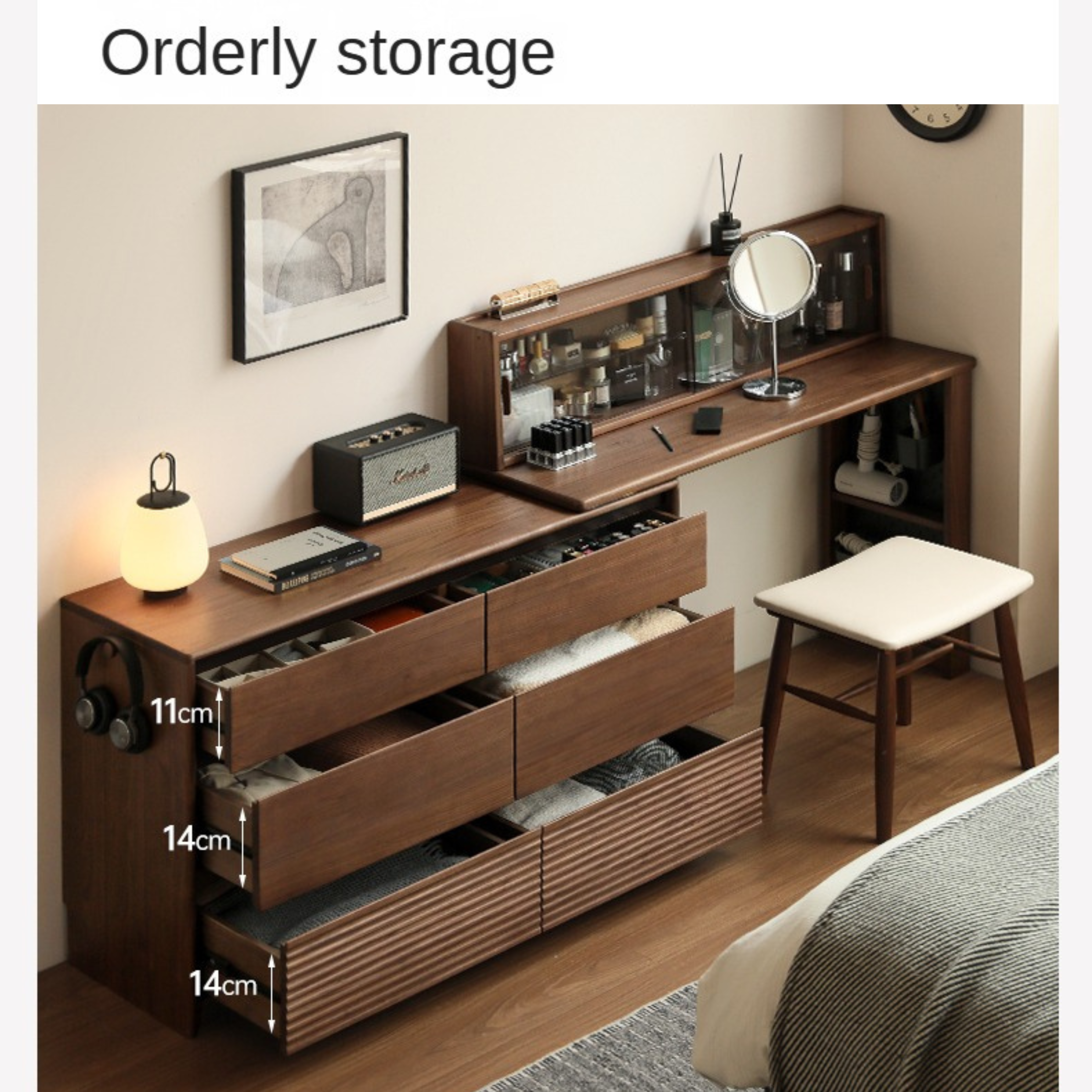 Black Walnut, Sandawood Light Luxury Retractable Dressing Table.