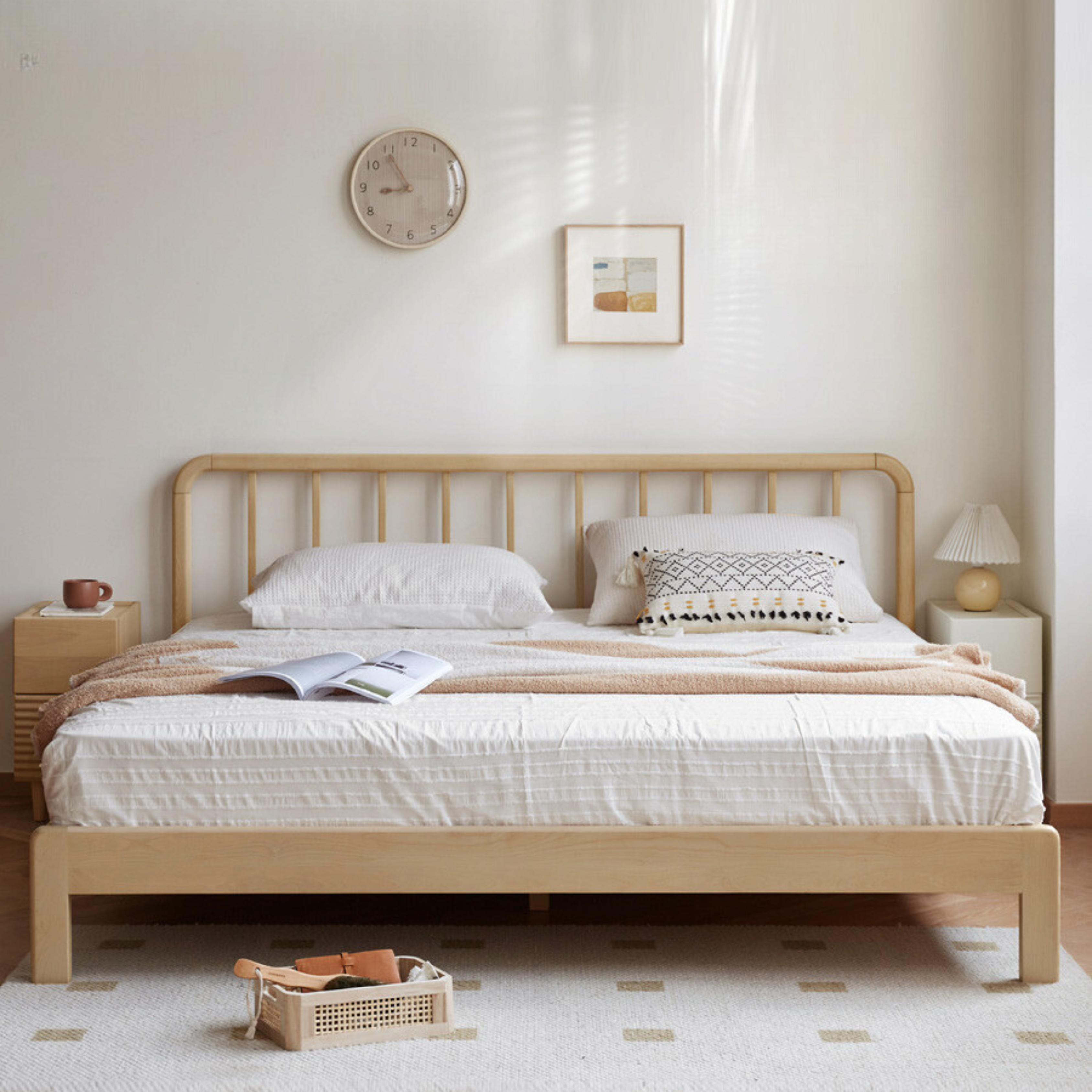 European Beech Solid Wood Bed Modern Simple