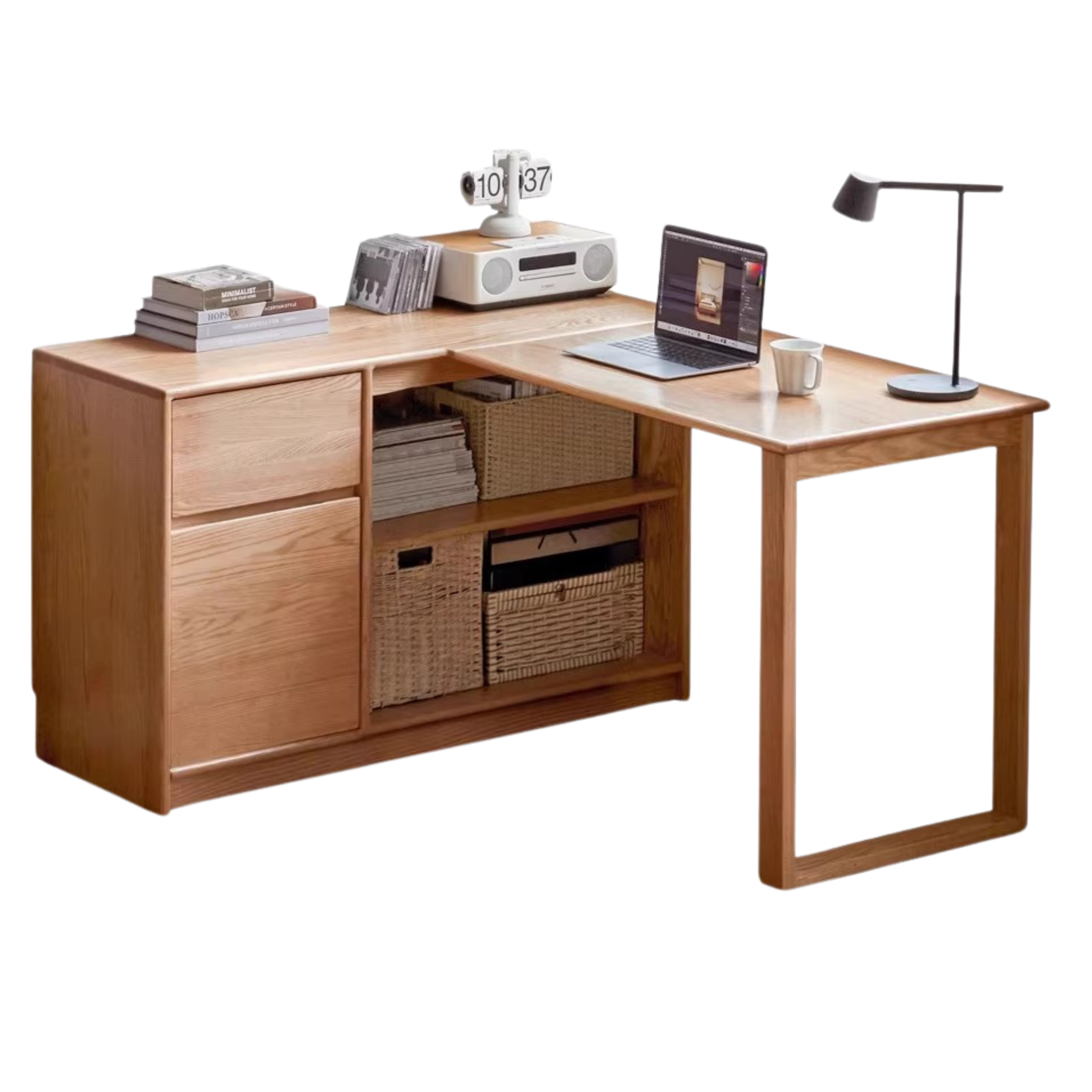 Oak Solid Wood Desk Bookcase Integrated Corner Office Table