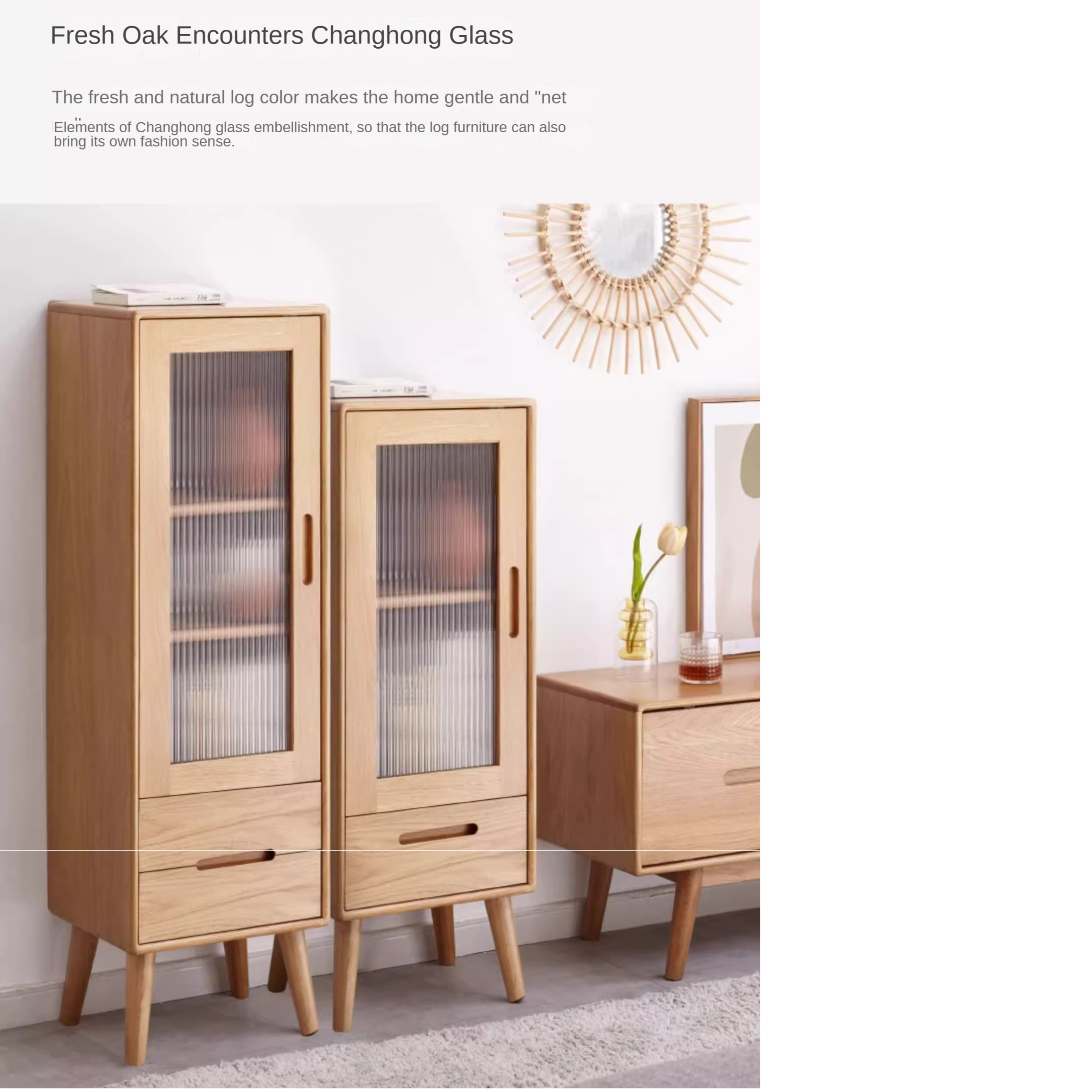 Oak Solid Wood Glass Door Display Side Cabinet