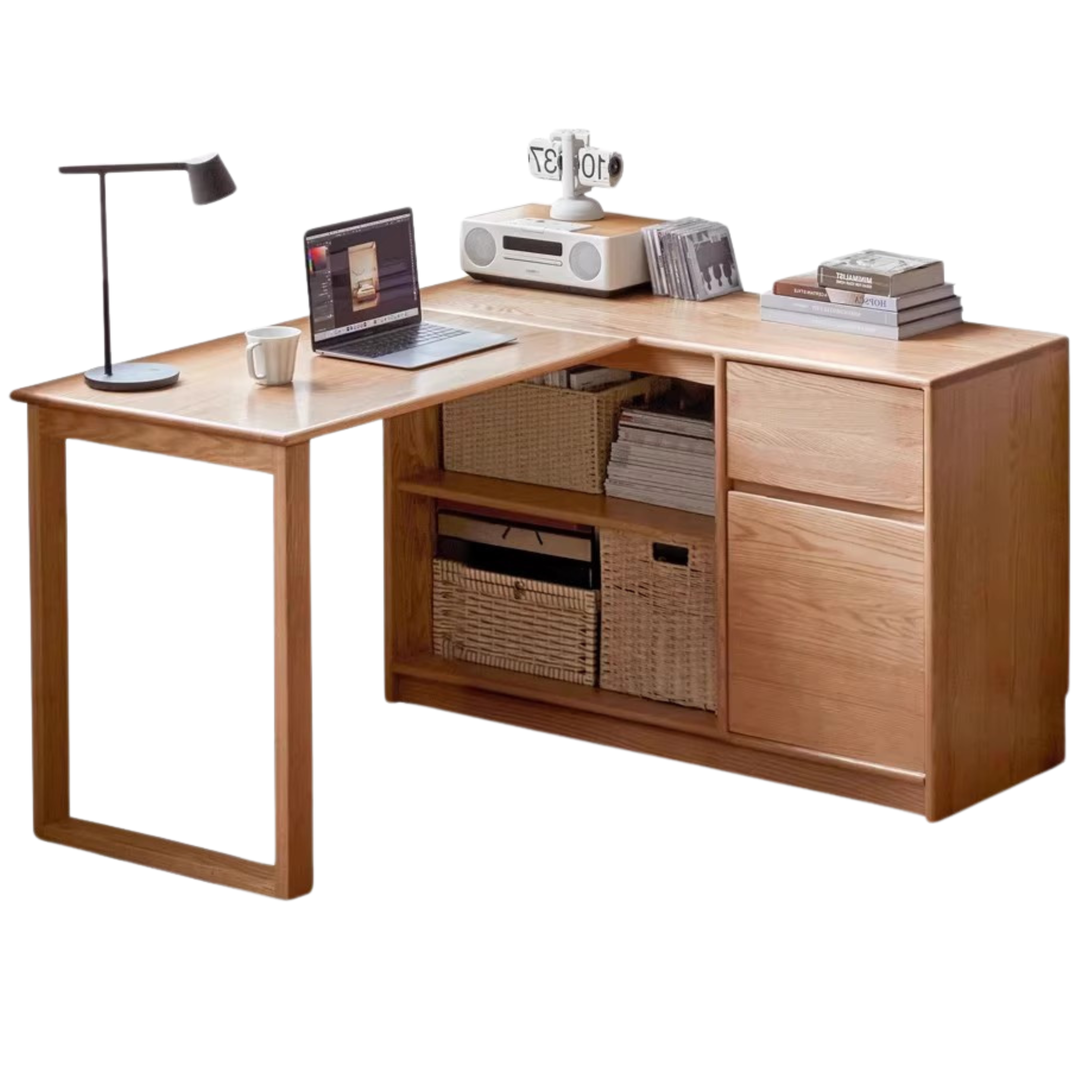 Oak Solid Wood Desk Bookcase Integrated Corner Office Table