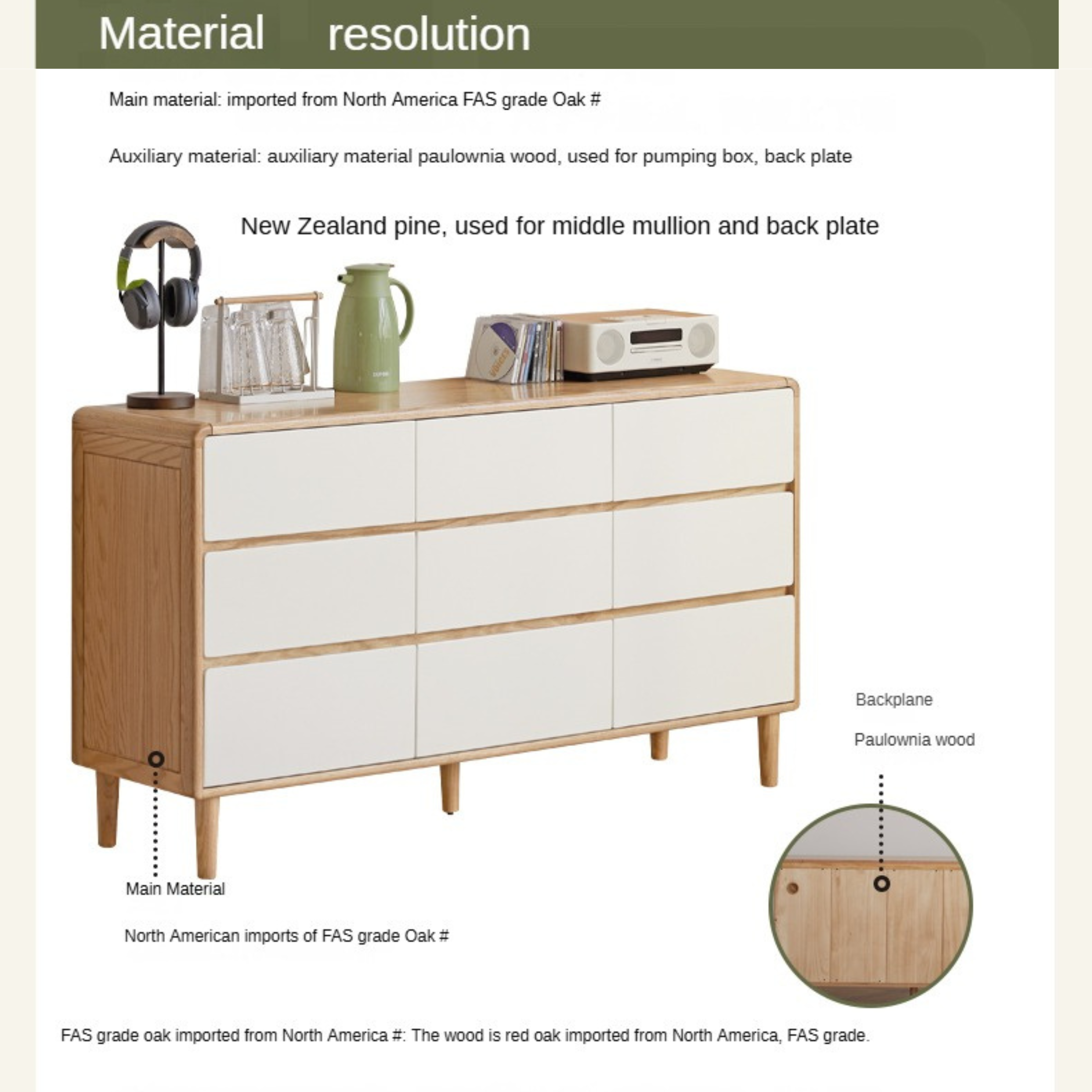 Oak Solid Wood Modern Nine Drawer Cabinet