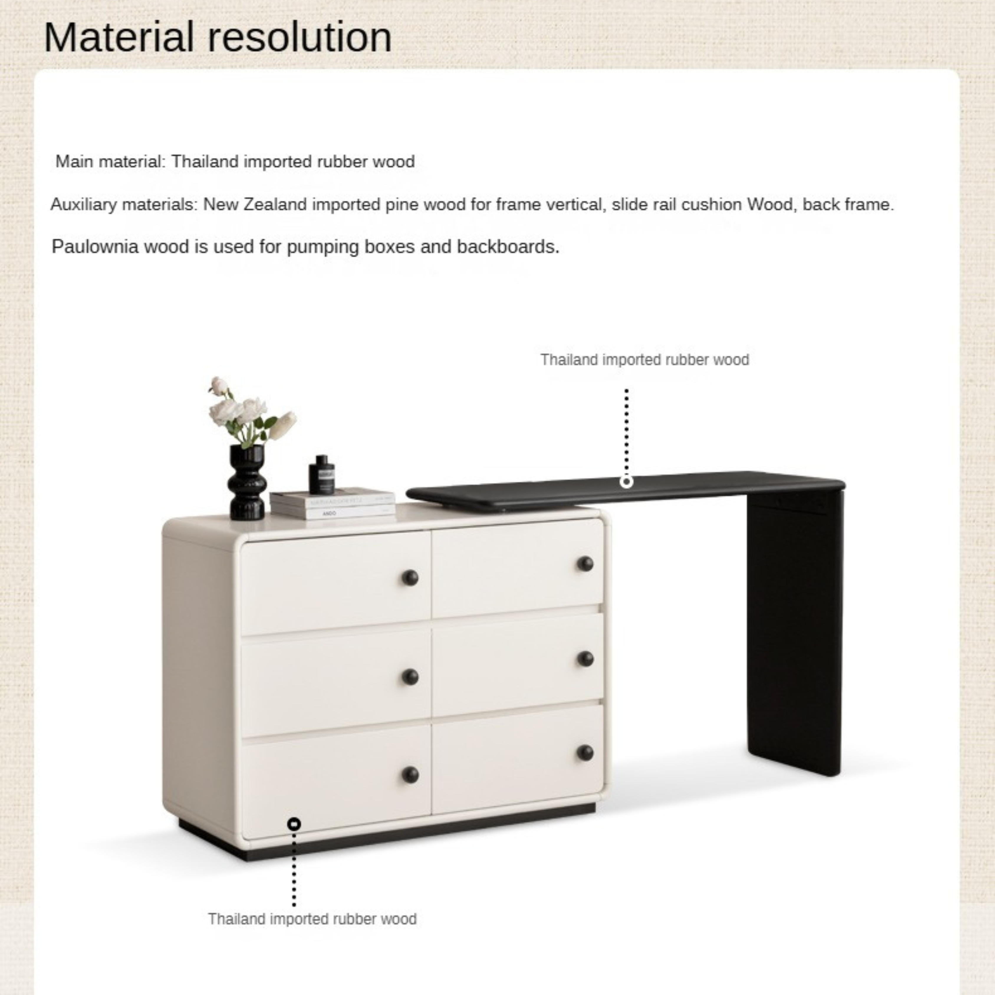 Solid Rubberwood Cream Style Vanity Table.