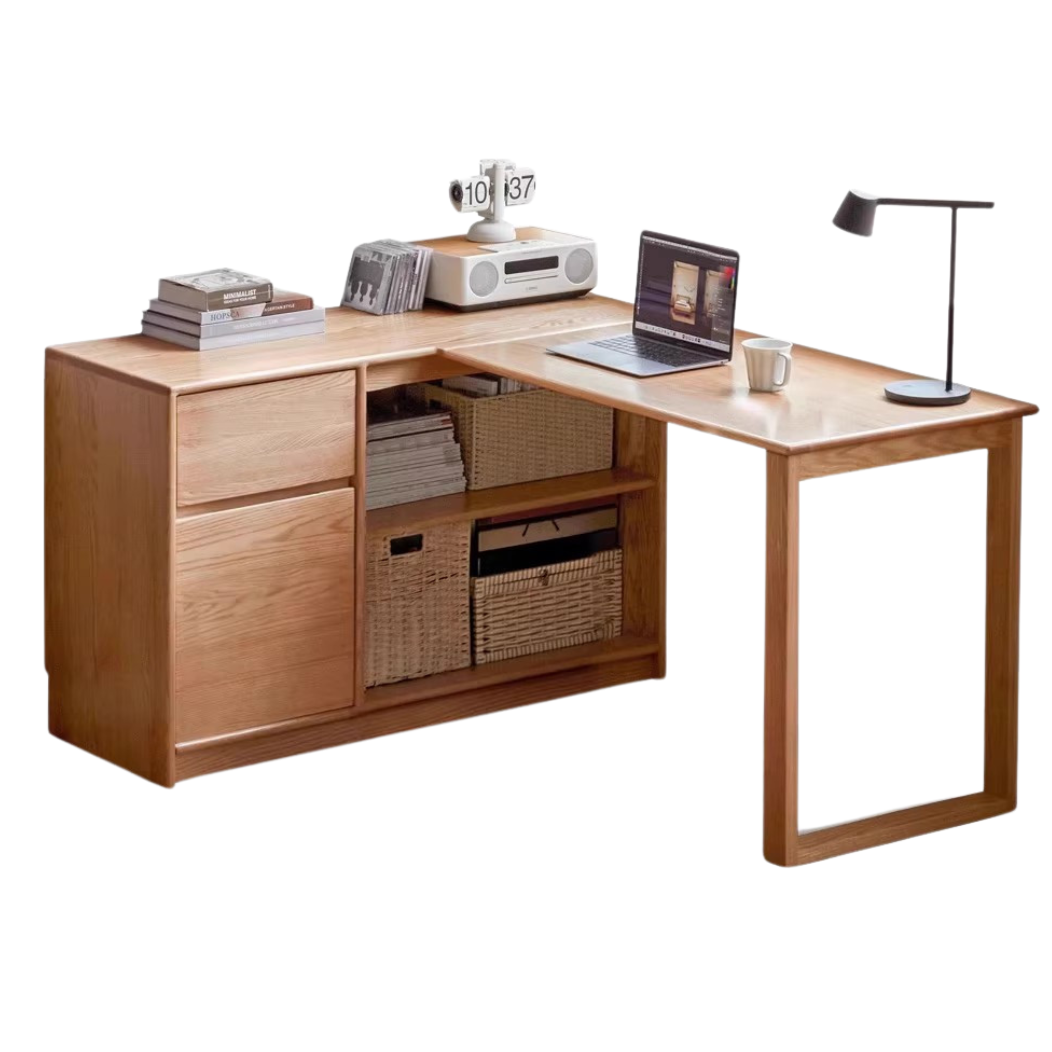 Oak Solid Wood Desk Bookcase Integrated Corner Office Table